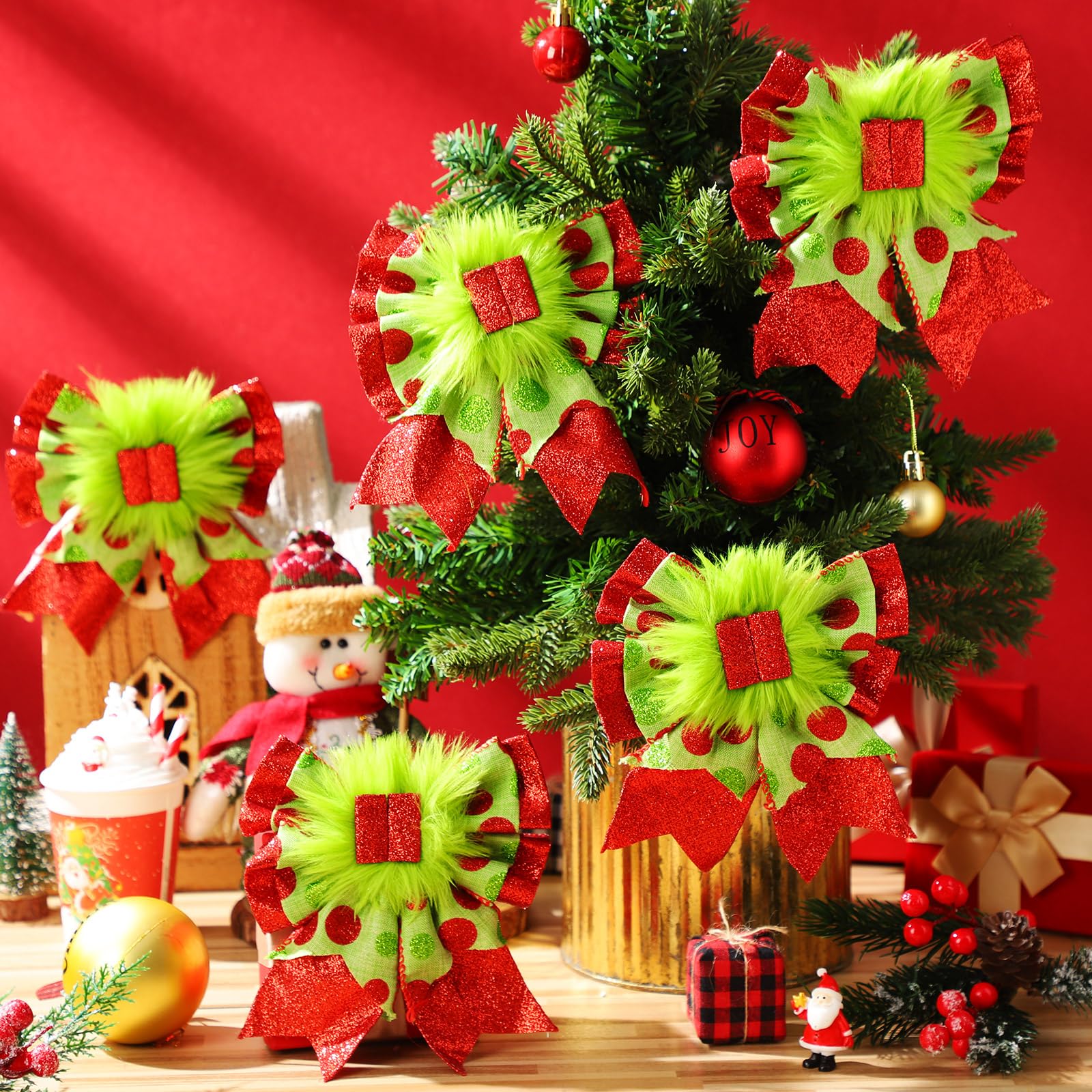 Knitgrip 12 lazos rojos y verdes para árbol de Navidad, coronas de Navidad de 8.66 pulgadas, lazo de terciopelo para decoración de árbol de Navidad con adornos verdes esponjosos para fiesta de Navidad