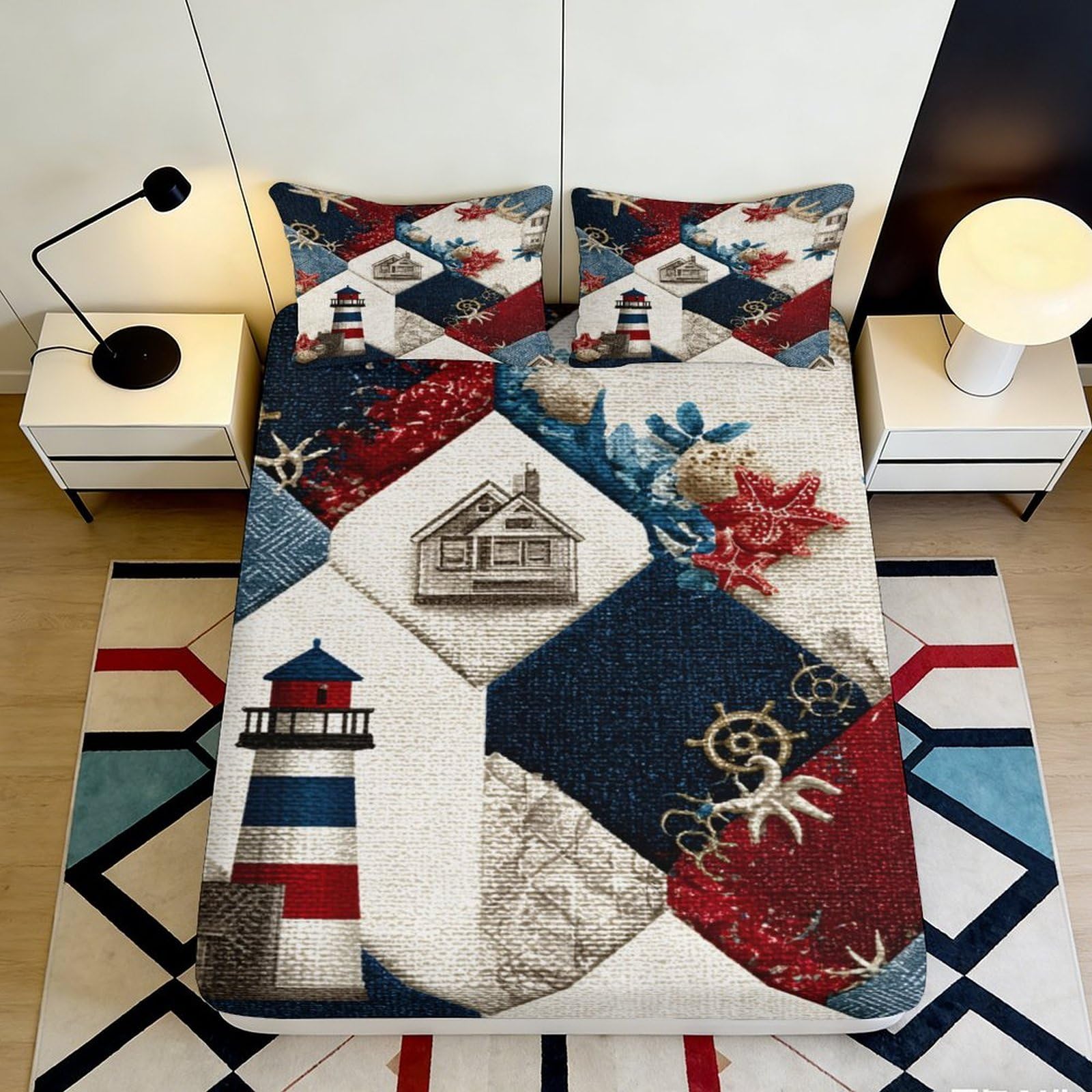 3D Printed Nautical Lighthouse Fitted Sheet Microfiber Bed Cover Ocean Cabin Pattern Mattress Protector Decor 200x200x25cm