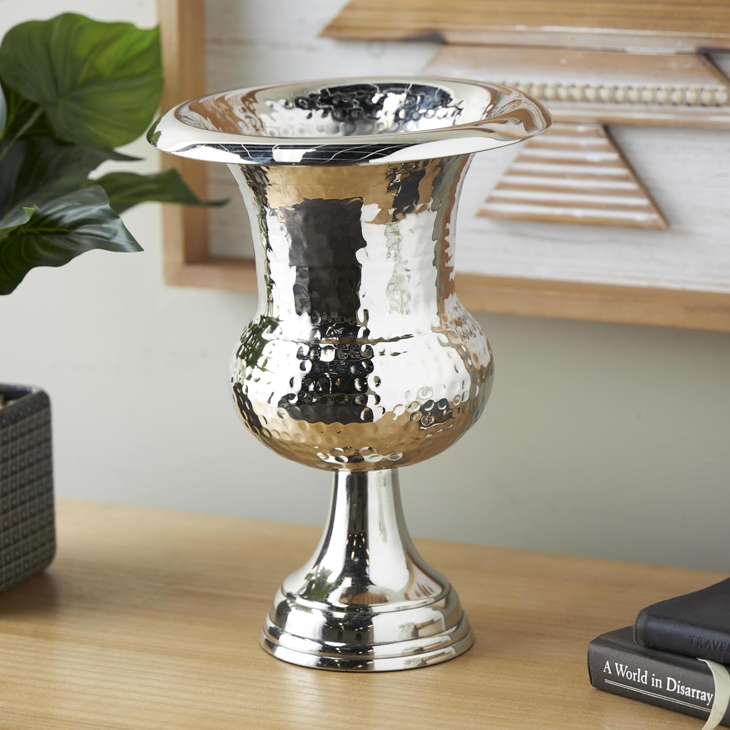 Deco 79 Aluminum Metal Decorative Vase Goblet Inspired Hammered Centerpiece Vase, Flower Vase for Home Decoration 9" x 9" x 13", Silver