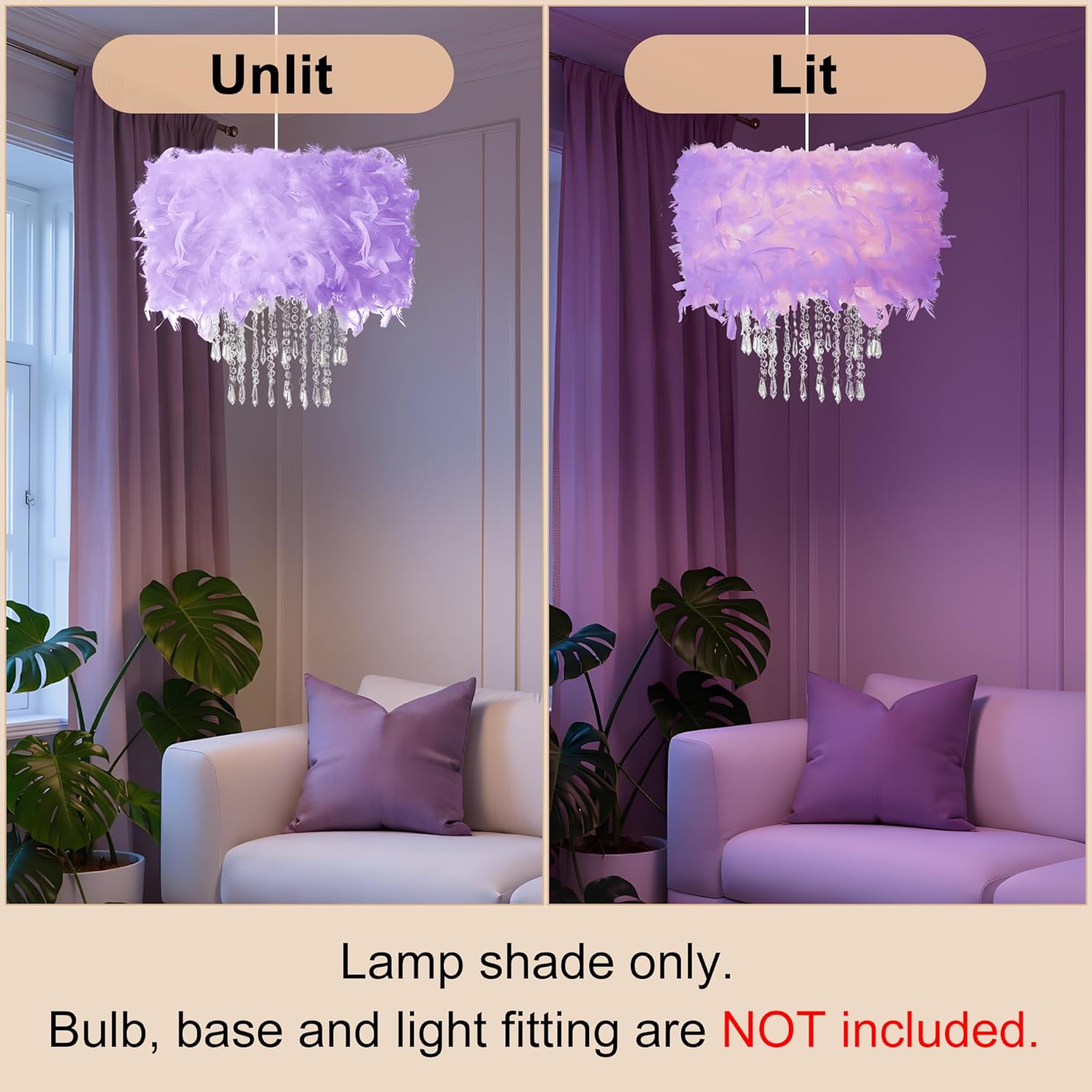 Feather Lamp Shade with Acrylic Beads Droplets, Fluffy Lampshade for Pendant, Table, Floor & Wall Lighting, Girl Bedroom Decor, ID 15.7inch, OD 19.7inch, Purple