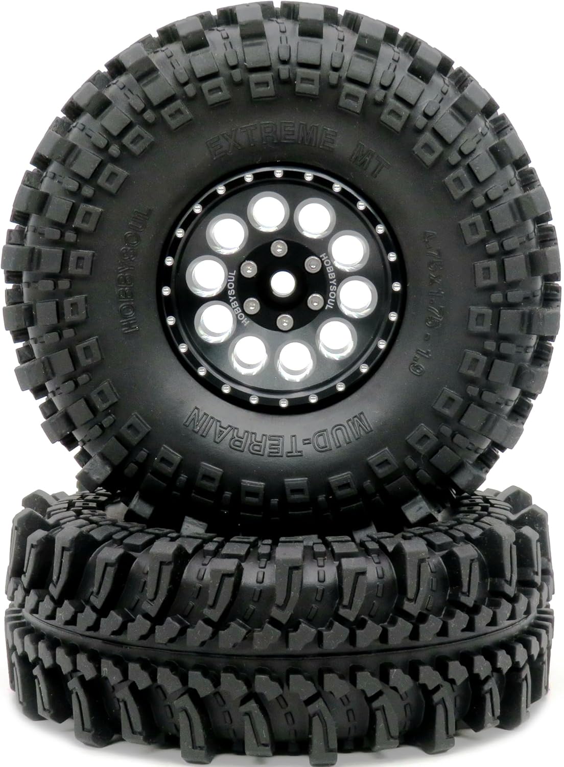 HOBBYSOUL 1.9 Tires Height 4.75" (121mm) Mounted on 1.9 Beadlock Wheels Black Fit 1/10 Crawler Redcat Gen8 Traxxas TRX-4 Tamiay CC01 Axial SCX10 Mud Crawler Badland Terrain, (4-Pack, Assembled)