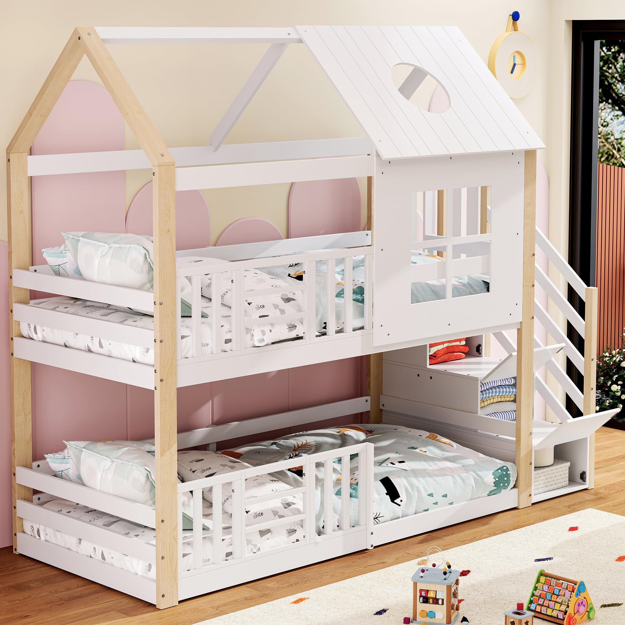 Lit cabane Enfants 90x200 Lit superposé Enfant lit Double lit Simple Maison d'arbre avec Tableau de Rangement et Protection Anti Chute 2 sommiers à Lattes Naturel, sans Matelas (Blanc-35W, 90x200cm)