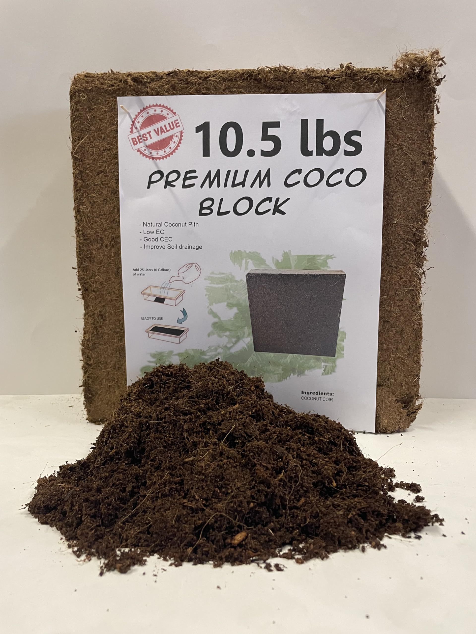 10.5 LBS Premium Natural Coco Coir/PEAT Compressed Block pH Bal Low EC High Vol Expansion Ideal for Flower Herb Mushroom Gardening Reptile Bedding Eco-Friendly Absorbent
