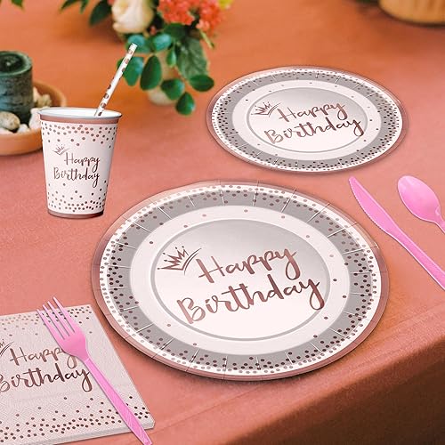 Miniatura 7 de Lealonchi Juego de 160 piezas de vajilla de papel rosa para fiesta de cumpleaños, incluye platos de cena de oro rosa, tazas, servilletas, pajitas,