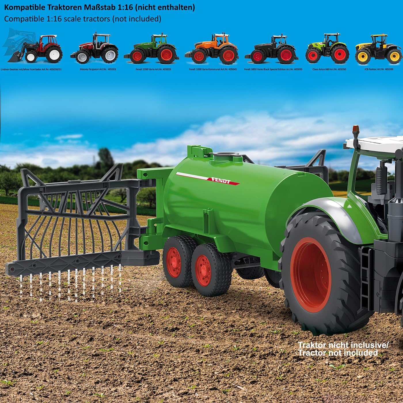 JAMARA 405235 – Fendt wózek beczkowy z rozdzielaczem węża – zbiornik 450 ml, funkcja natrysku wł./wył., hak holowniczy z przodu, ręcznie rozkładany rozdzielacz węża, zielony