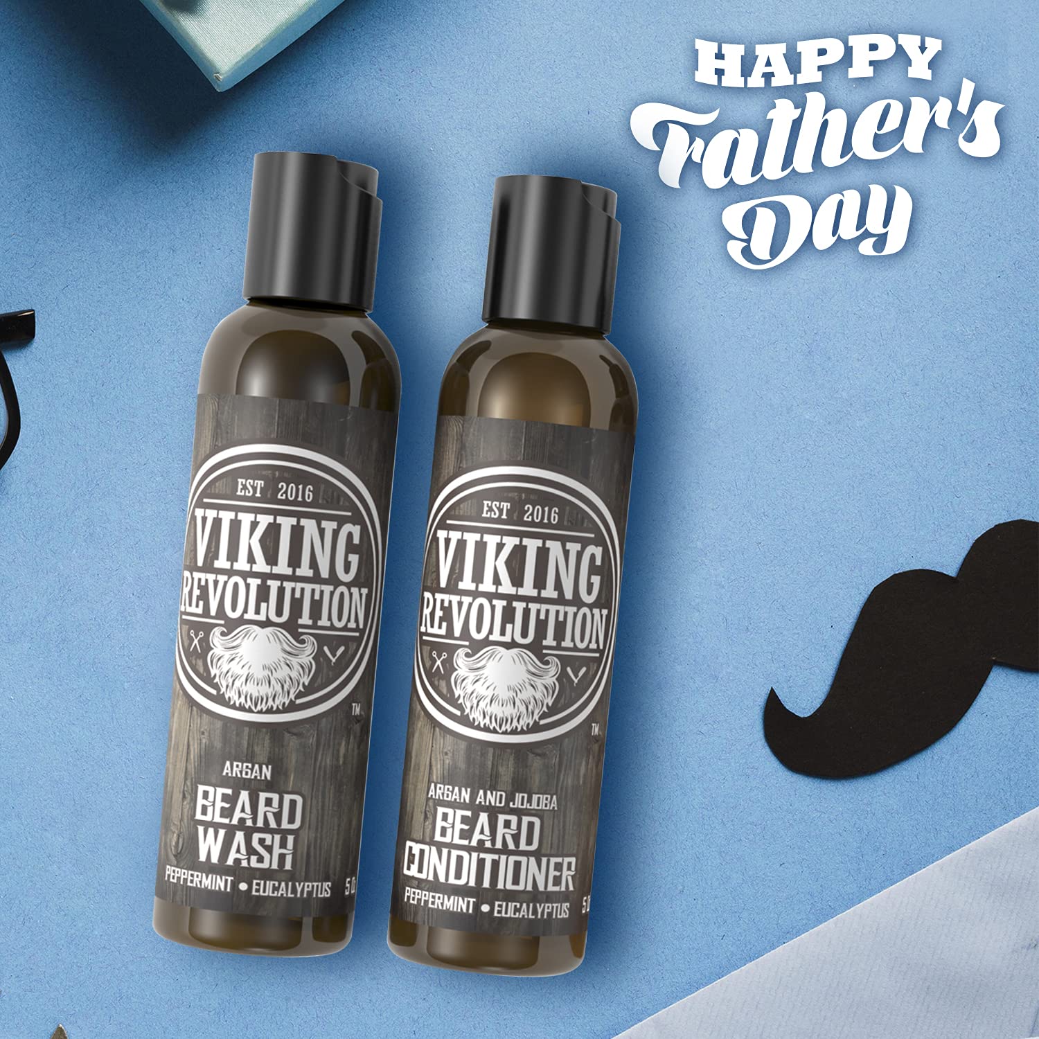 Viking Revolution Beard Wash & Beard Conditioner Set w/Argan & Jojoba Oils – Softens, Smooths & Strengthens Beard Growth - Natural Peppermint and Eucalyptus Scent - Beard Shampoo w/Beard Oil (5 oz)