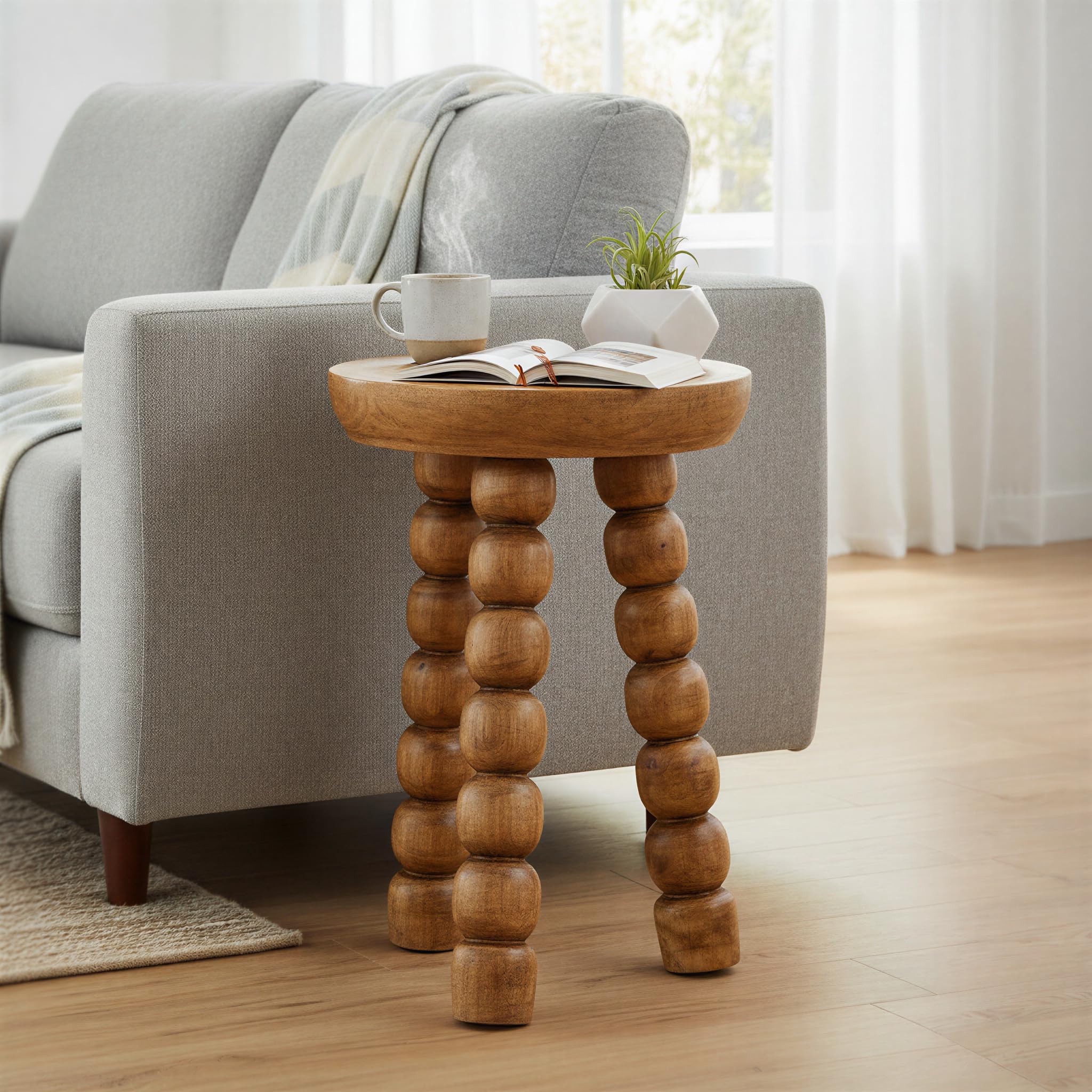Creative Co-Op Paulownia Wood Bead Ball Tri-Pod Accent Table, Walnut