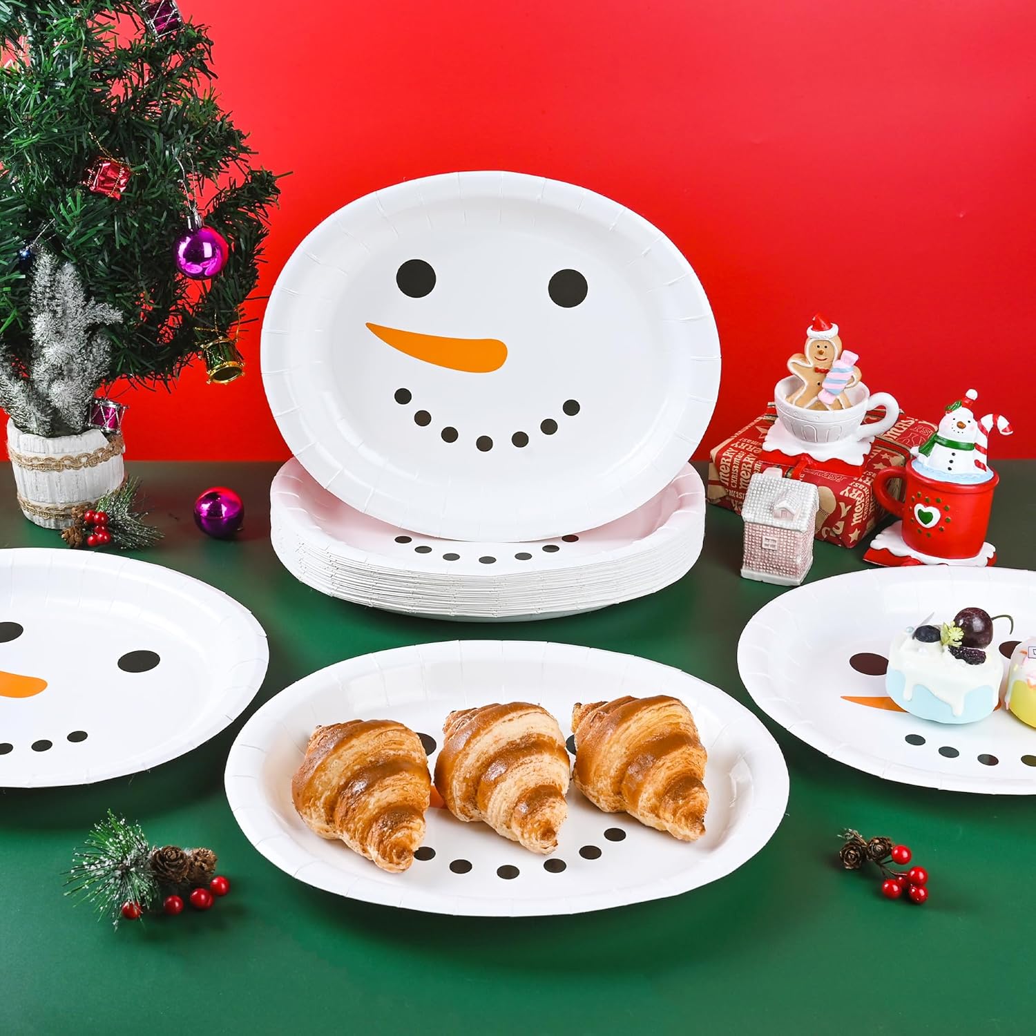 50 Pcs Christmas Snowman Oval Paper Plates Winter Holiday Disposable Party Plates Xmas Holiday Festive 10" X 12" Large Serving Dish Platters for Party Supplies Table Decor - Image 6