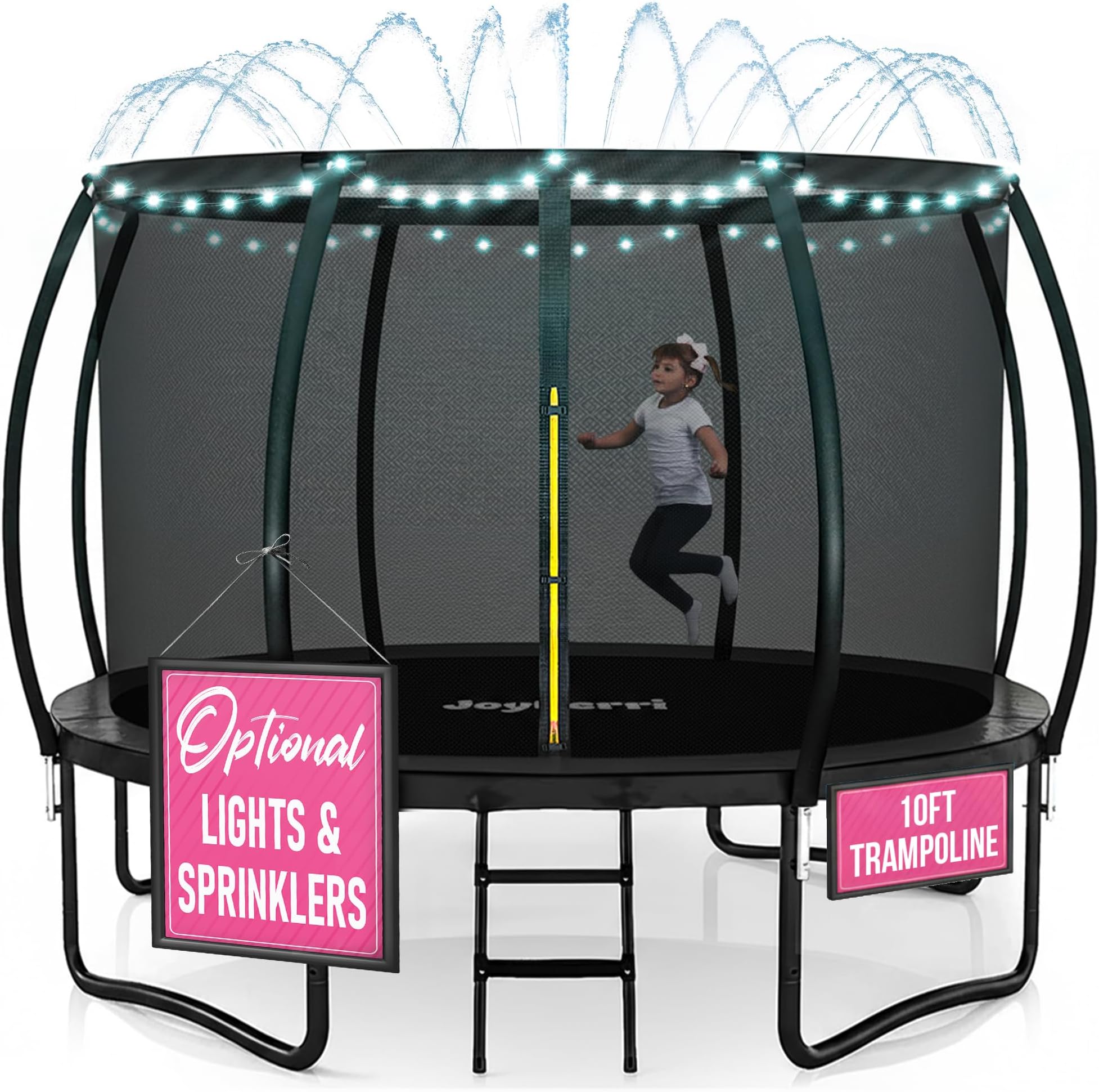JoyBerri Trampoline Outdoor - Upsurge ASTM Certified Safe 8Ft 10Ft 12Ft 14Ft 15Ft 16Ft Recreational Trampoline for Kids and Adults. Anti-Rust Coating with Enclosure Net, Ladder, Sprinkler & LED Lights