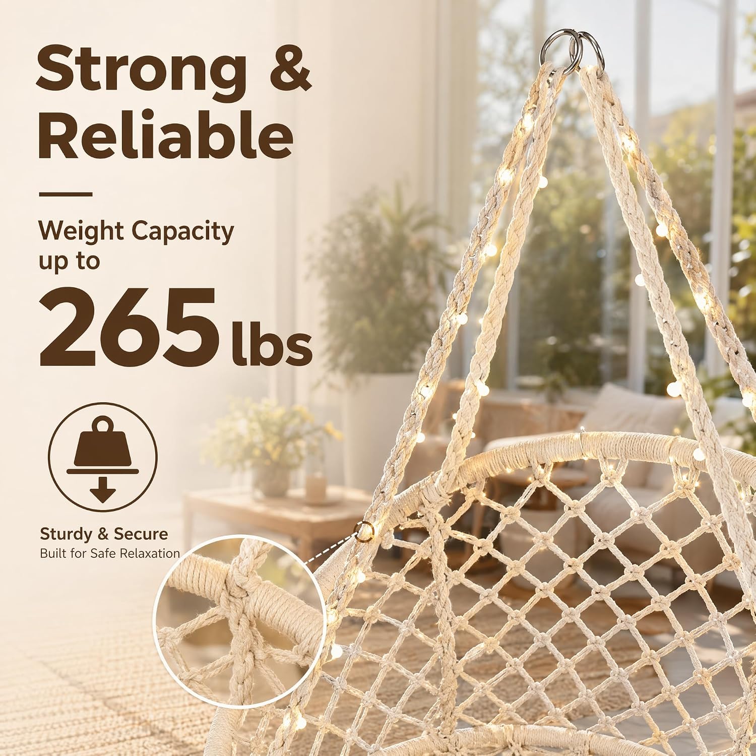 Sonyabecca LED Macrame Hammock Hanging Swinging Chair, Indoor/Outdoor Hanging Chair with 472" LED String for Bedroom, Patio, Deck, Yard, and Garden, Comfy Large Size 55x75 cm (No Stand) image 2