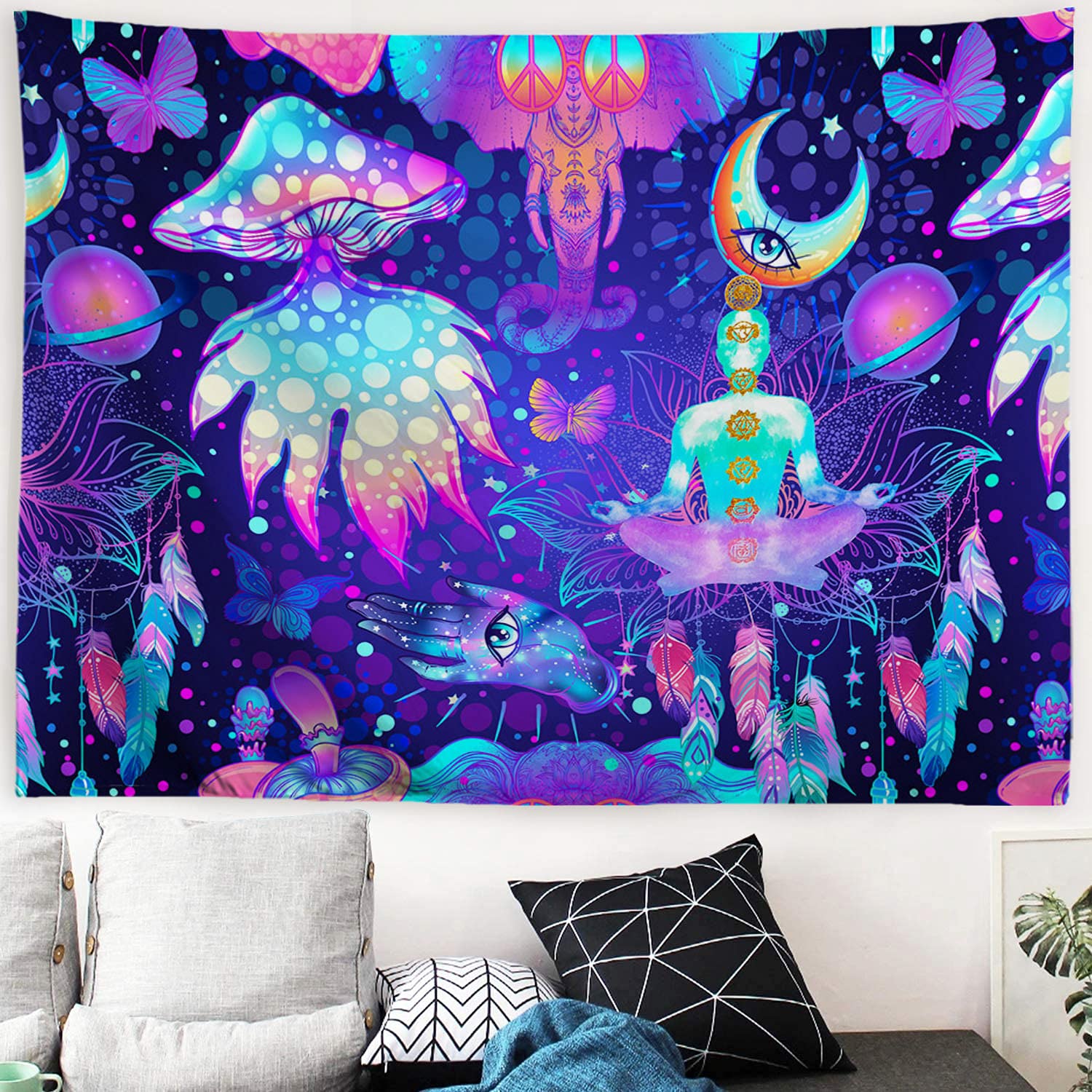MENORCA Hippie Psychedelic Wall Tapestry For Bedroom, Yoga Meditation Spiritual Tapestry, Seven Chakra Tapestry, Moon Dream Catcher Wall Decor Tapestry- 80 Inch Wide *60 Inch High-Middle
