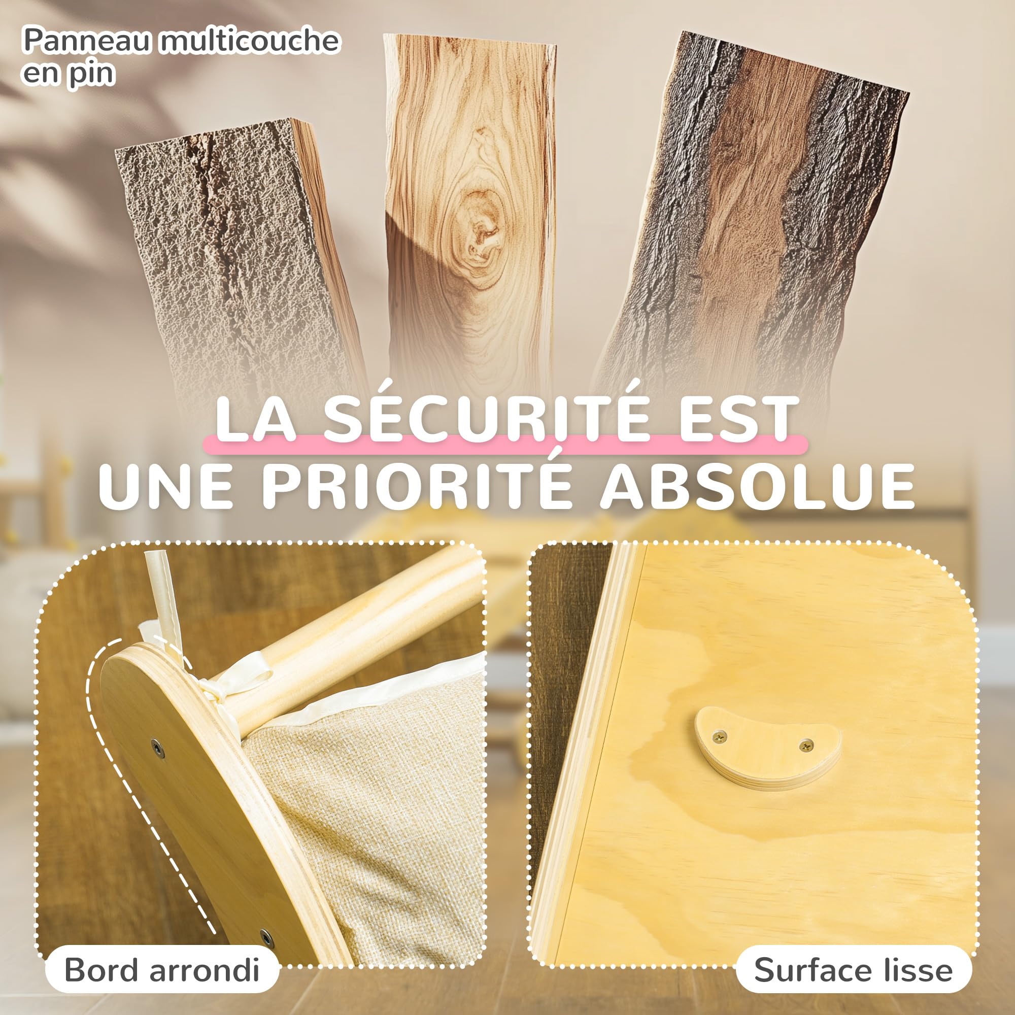 AIYAPLAY 4 en 1 Arche Escalade Enfants 18-48 Mois Charge 50 kg Bois Naturel | Chaise à Bascule avec Coussin, Rampe Double-Face pour Grimper & Glisser, Parcours Motricité Bébé en Bois