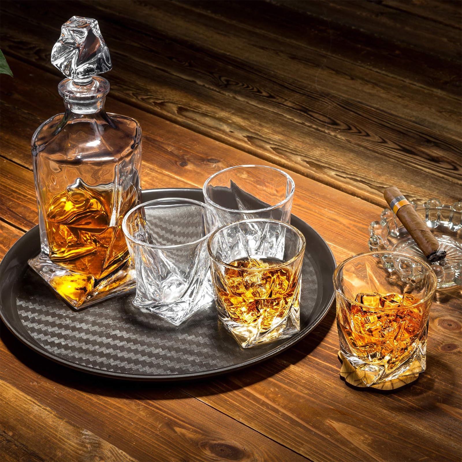 Rzeźba Karafka Whisky, Zestaw Karafki Do Whisky 750 Ml, Premium Kryształowe Karafki Likier Z 6 Antycznych Szklanek Koktajlowych, Szkockiej Whisky, Bourbon, Dzień Ojca