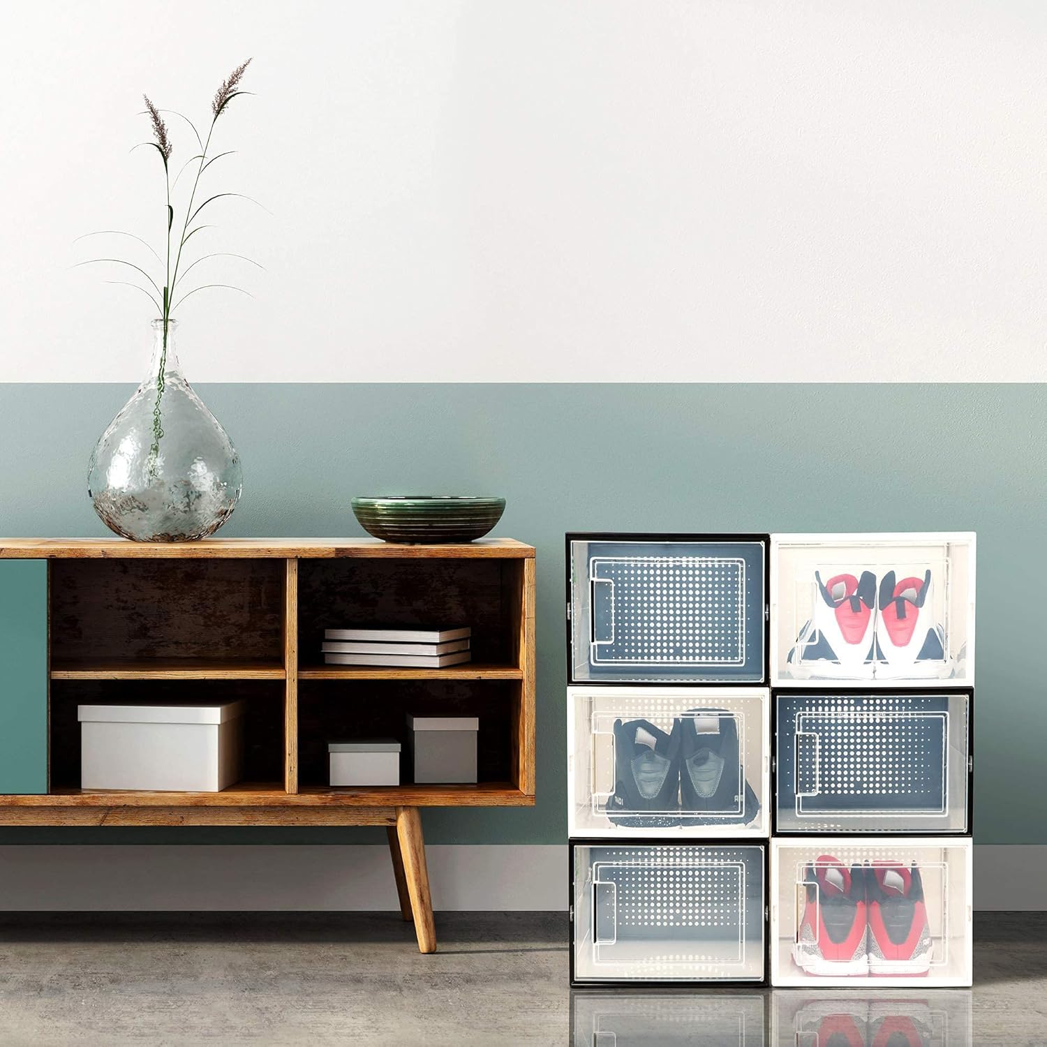 BLACK LARGE 6 pack - 14.6 Inches Long for BIG Shoes & Sneakers, Shoe Storage Organizer, Shoe Storage Boxes, Shoe Box Clear Plastic Stackable, Shoe Containers, Shoe Organizer for Closet