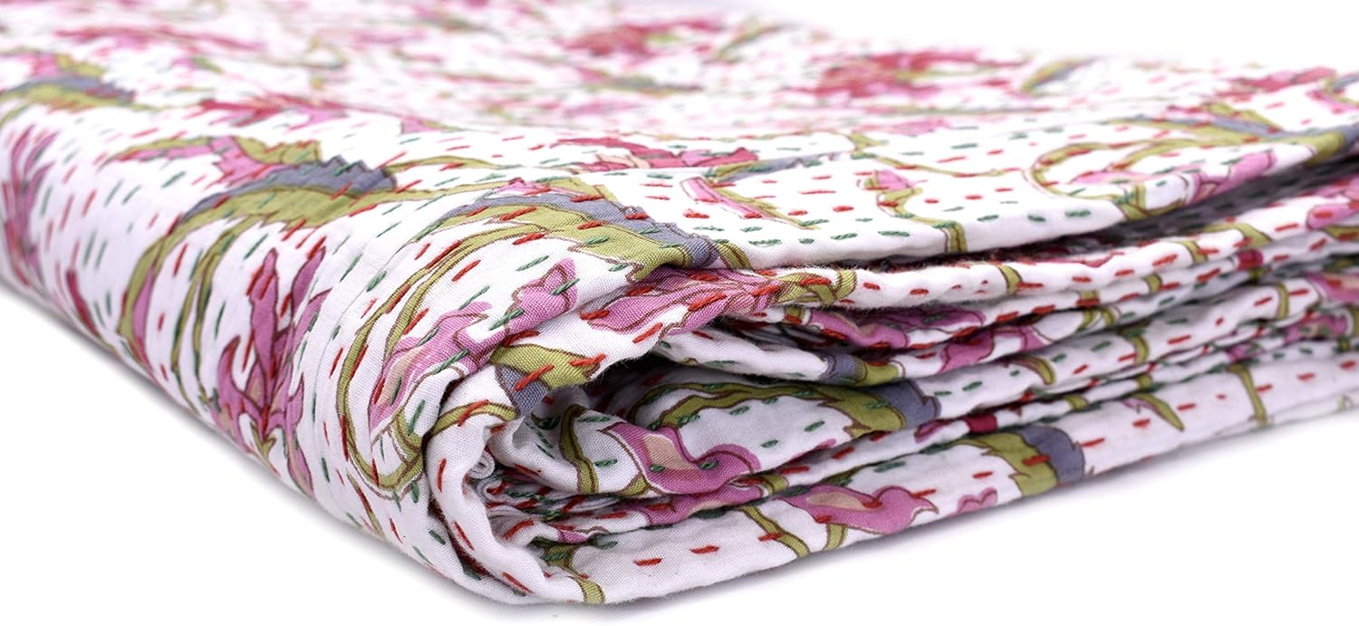Sophia-Art Indian King/Queen Size Kantha Quilt, Bohemian Bedding Kantha, Floral Print Kantha Rallies, Reversible Blanket/Bedspread Quilt (Multi)