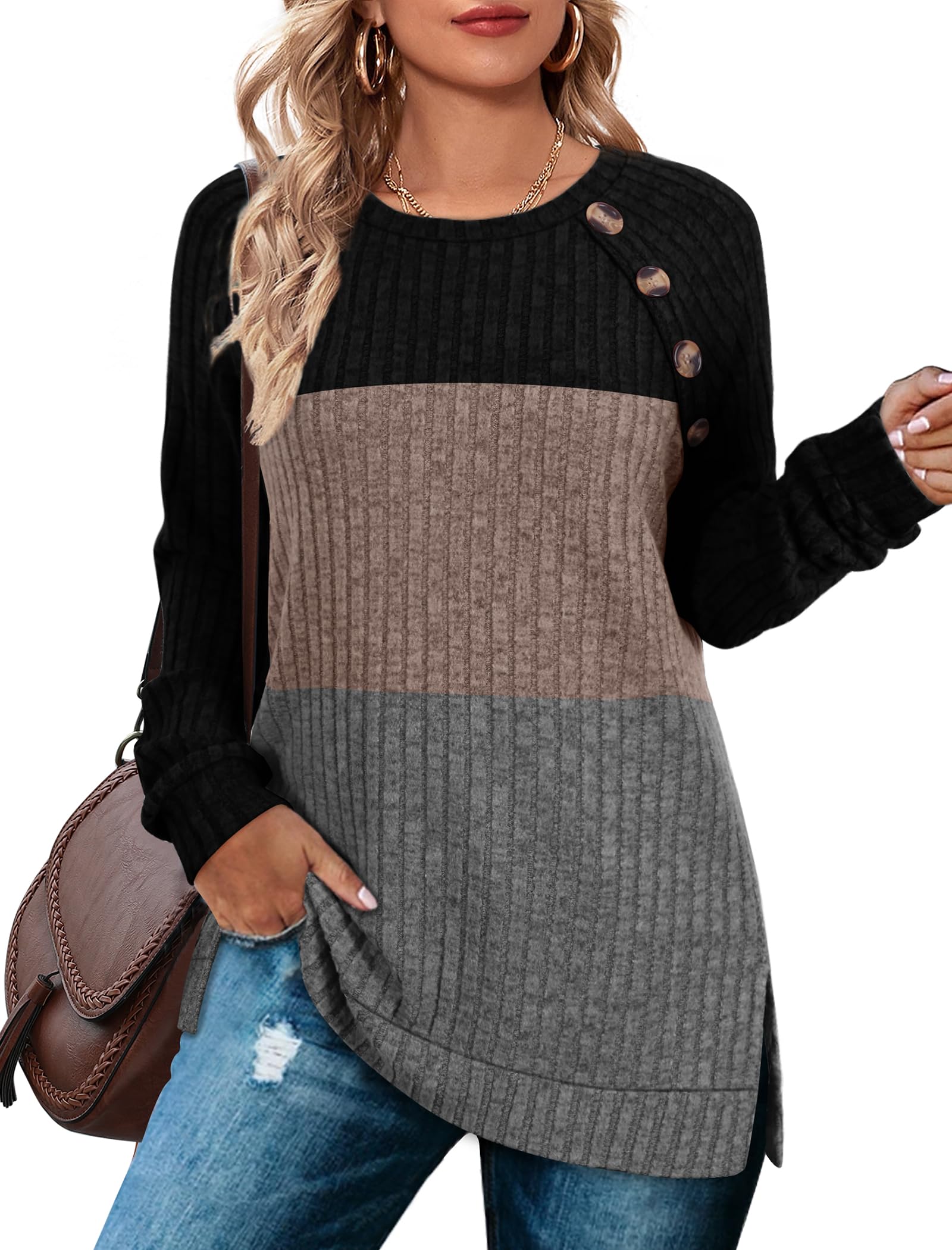 Bofell Long Sleeve Shirts for Women Lightweight Button Decor Tunic Tops Side Split