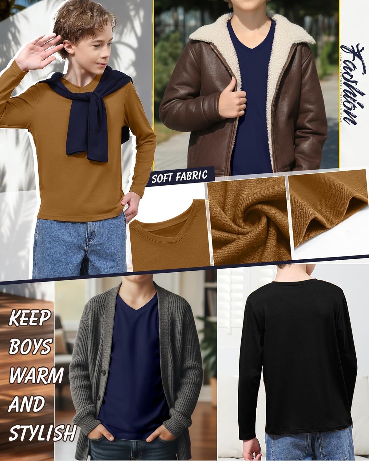 3 Pack Boy's Long Sleeve Shirts, Soft V Neck Tops Basic Tee Casual Loose Fit Tshirt for 5-16 Years Kids - Image 2