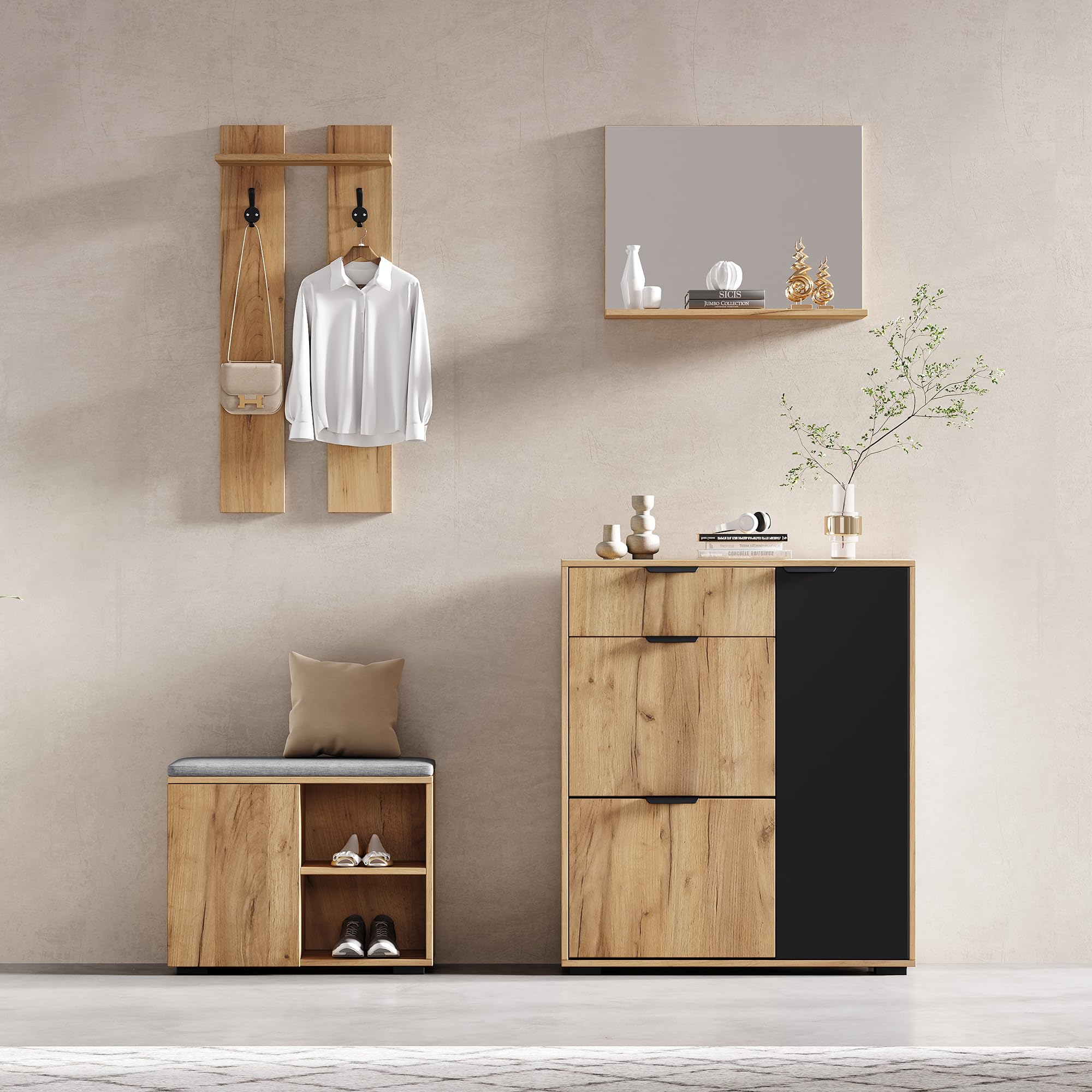 LAKFEW Conjunto de Perchero de Pared con Espejo y Zapatero, Perchero Entrada Recibidor con Banco Almacenaje y 2 Ganchos, Juego de Mueble Recibidor Entrada con Cajón, 140x35x139 cm, Natural+Negro