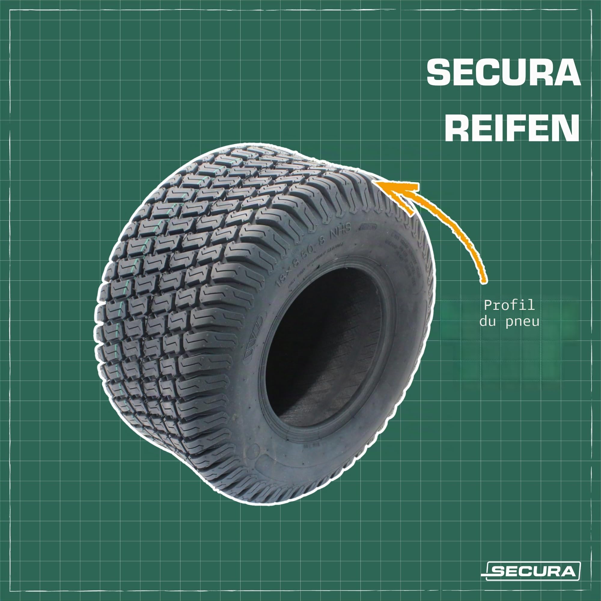 SECURA 2x pneus avec chambre à air 18x8.50-8 compatibles avec divers tondeuses à gazon autoportées