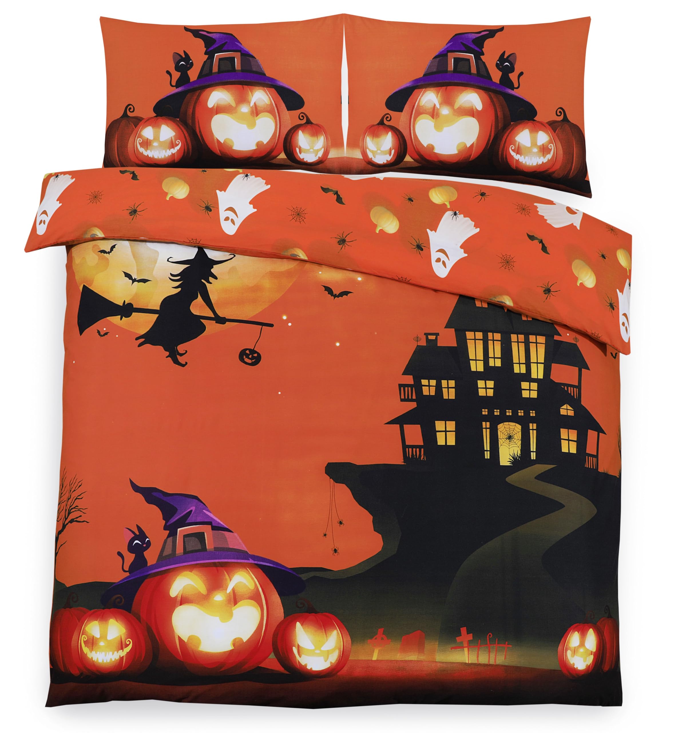 Charlotte Andersen Orange Haunted Pumpkin House Double Halloween Duvet Cover Bedding Set Reversible (Double)