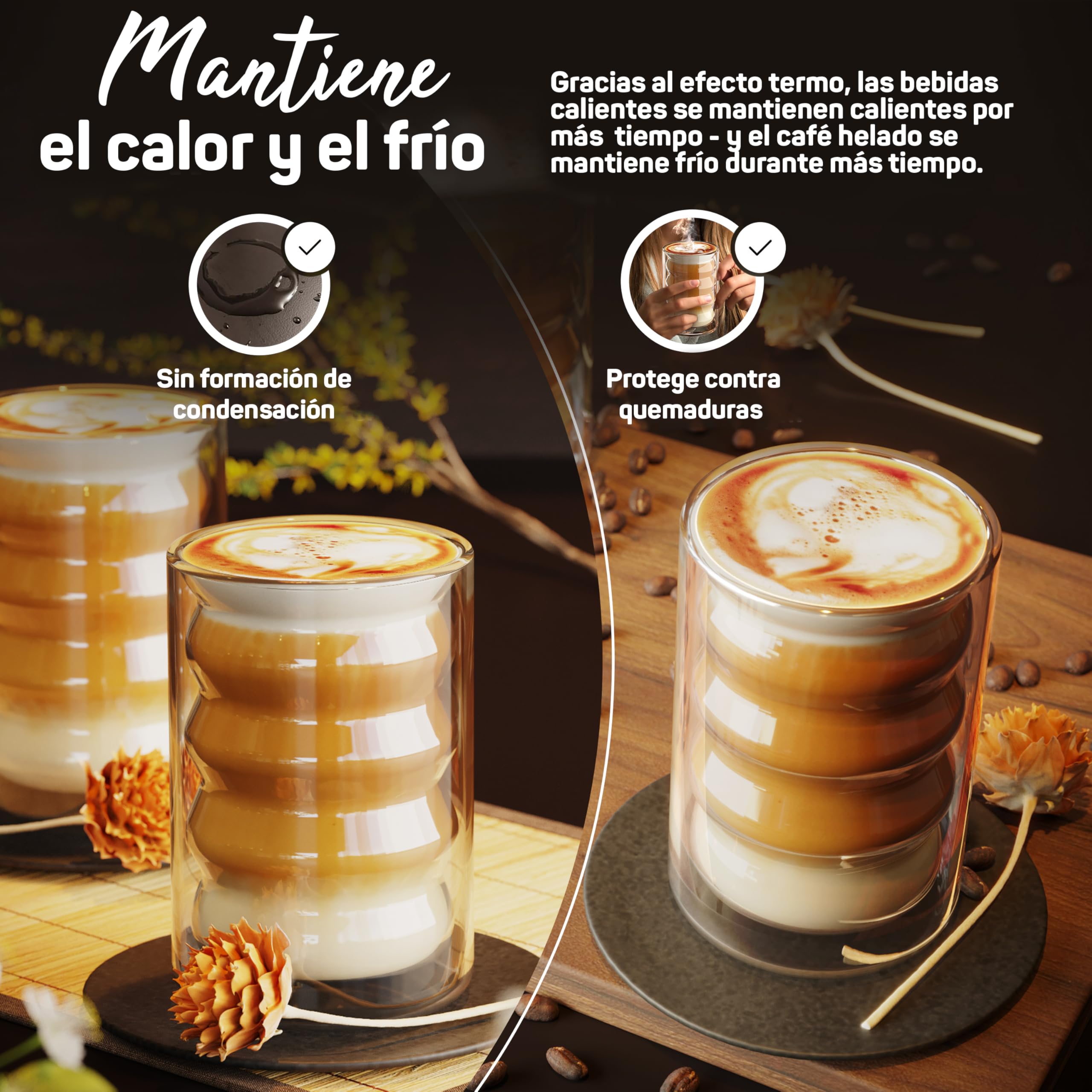 ElbFuchs® Vasos de cristal de doble pared Latte Macchiato [4×400 ml] vasos térmicos transparentes con cucharillas – para cappuccino, café & té