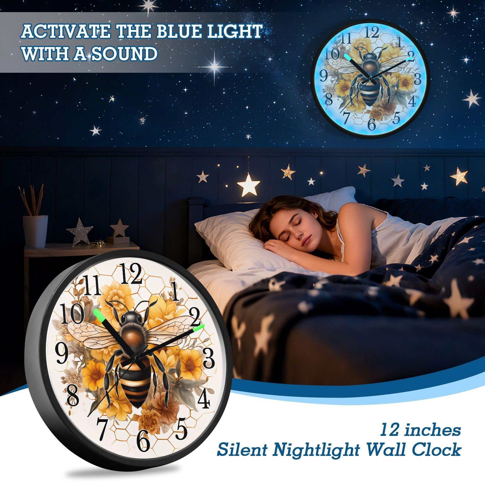 Mnsruu Reloj de pared luminoso con diseño de abeja, girasol, acuarela, funciona con pilas, silencioso, brilla en la oscuridad, para sala de estar, cocina, 12 pulgadas