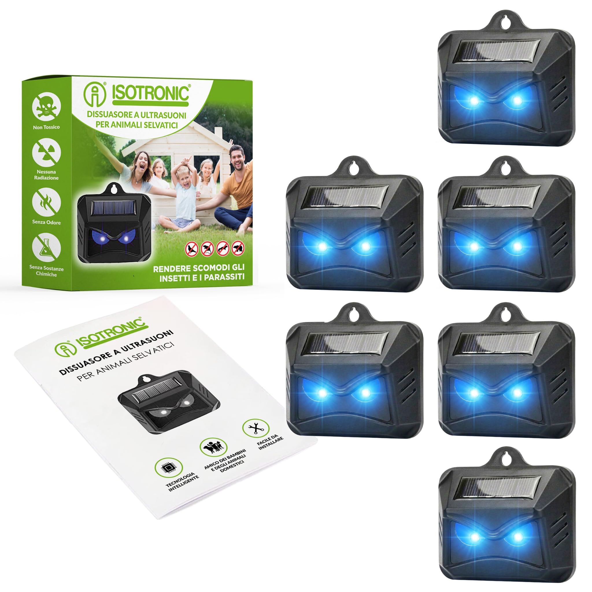 ISOTRONICO - Repellente solare per animali selvatici come procioni, cervi, volpi, cinghiali e molti altri. - 6x efficace repellente per animali con luce LED blu