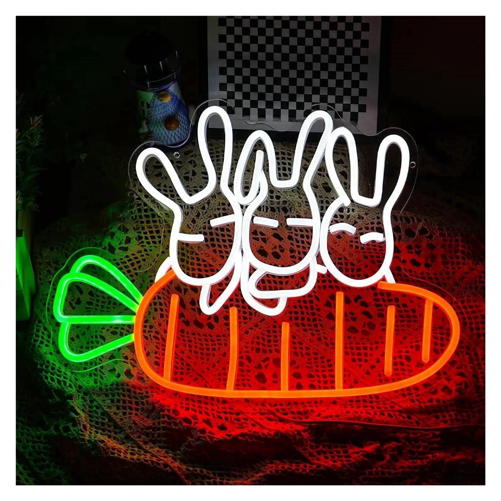 Insegna al Neon Insegne Neon A Forma Coniglio Alimentate Tramite USB, Luminosità Regolabile Luci Neon A Forma Carota Adatte Per Decorazioni Parete Per Bistrot 32cmx43cm
