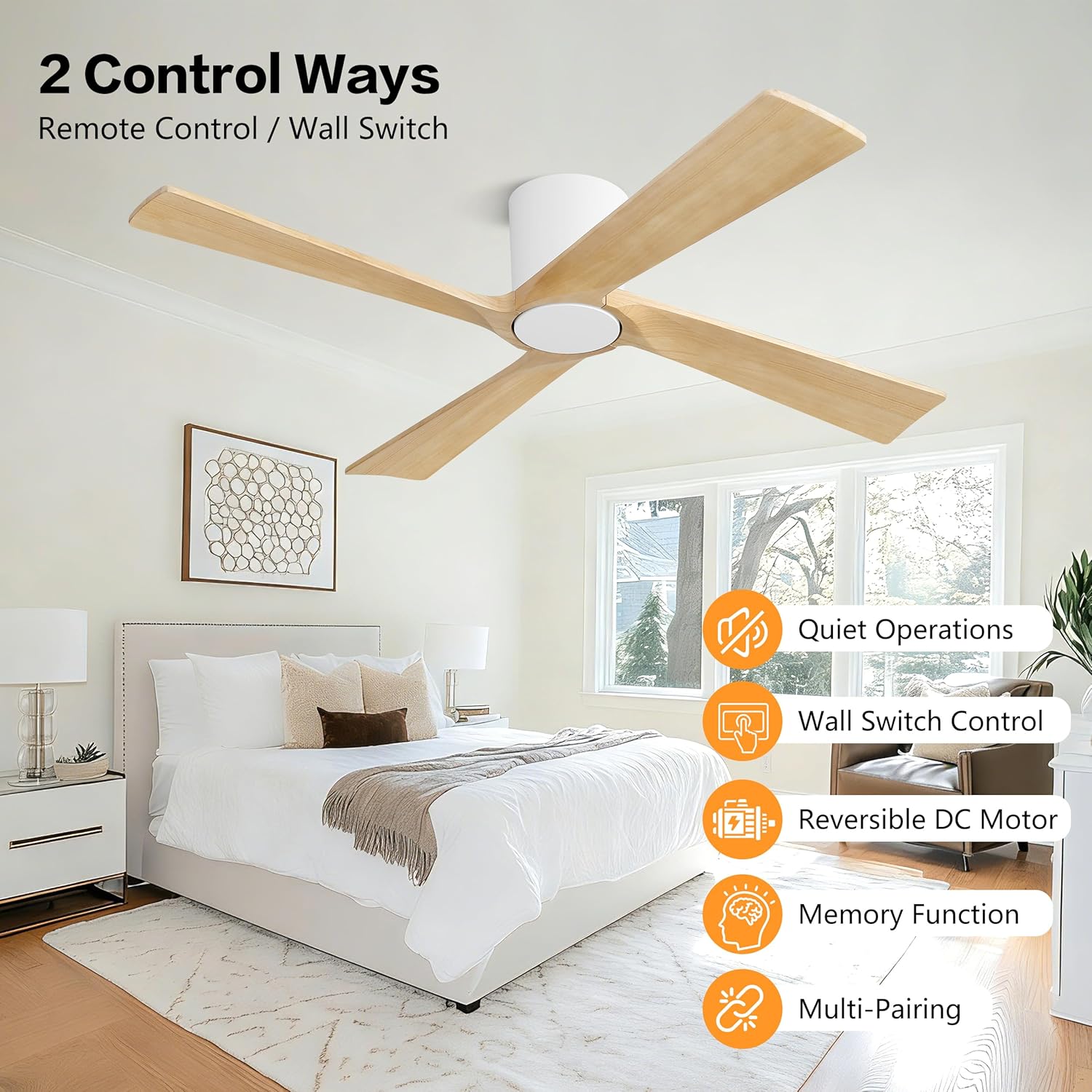 WINGBO 54 Inch Flush Mount DC Ceiling Fan Without Lights, 4 Carved Wood Blades, 6-Speed Reversible DC Motor, Low Profile Ceiling Fan No Lights for Indoor and Outdoor, Gloss White and Oak, ETL Listed
