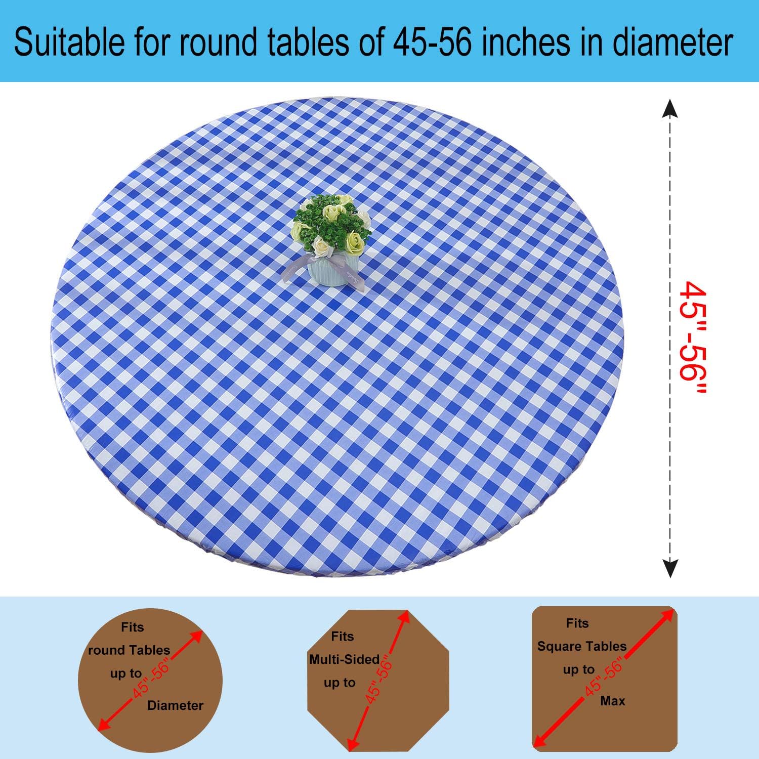 Hоlіdау Dеаlѕ 🛒 Outdoor Tablecloth Round 45-56”, Fitted Vinyl Tablecloth with Elastic, Blue Checkered Flannel Table Cover, Flannel Backed with Elastic Edge, Waterproof & Easy Cleanup