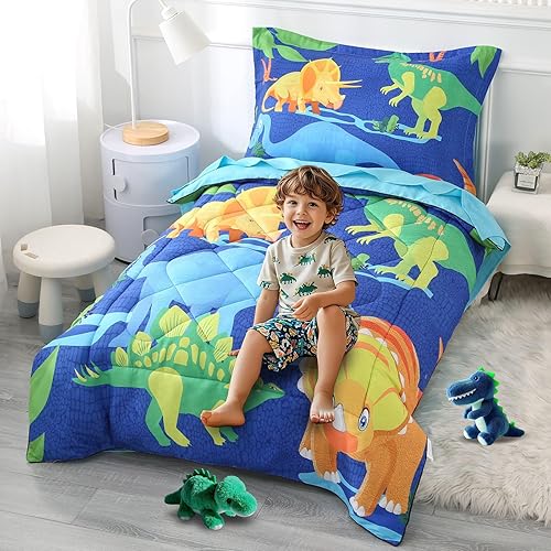 Miniatura 6 de Wowelife Juego de ropa de cama de dinosaurio para niños pequeños, juegos de ropa de cama de 4 piezas para niños pequeños, juego de edredón azul para