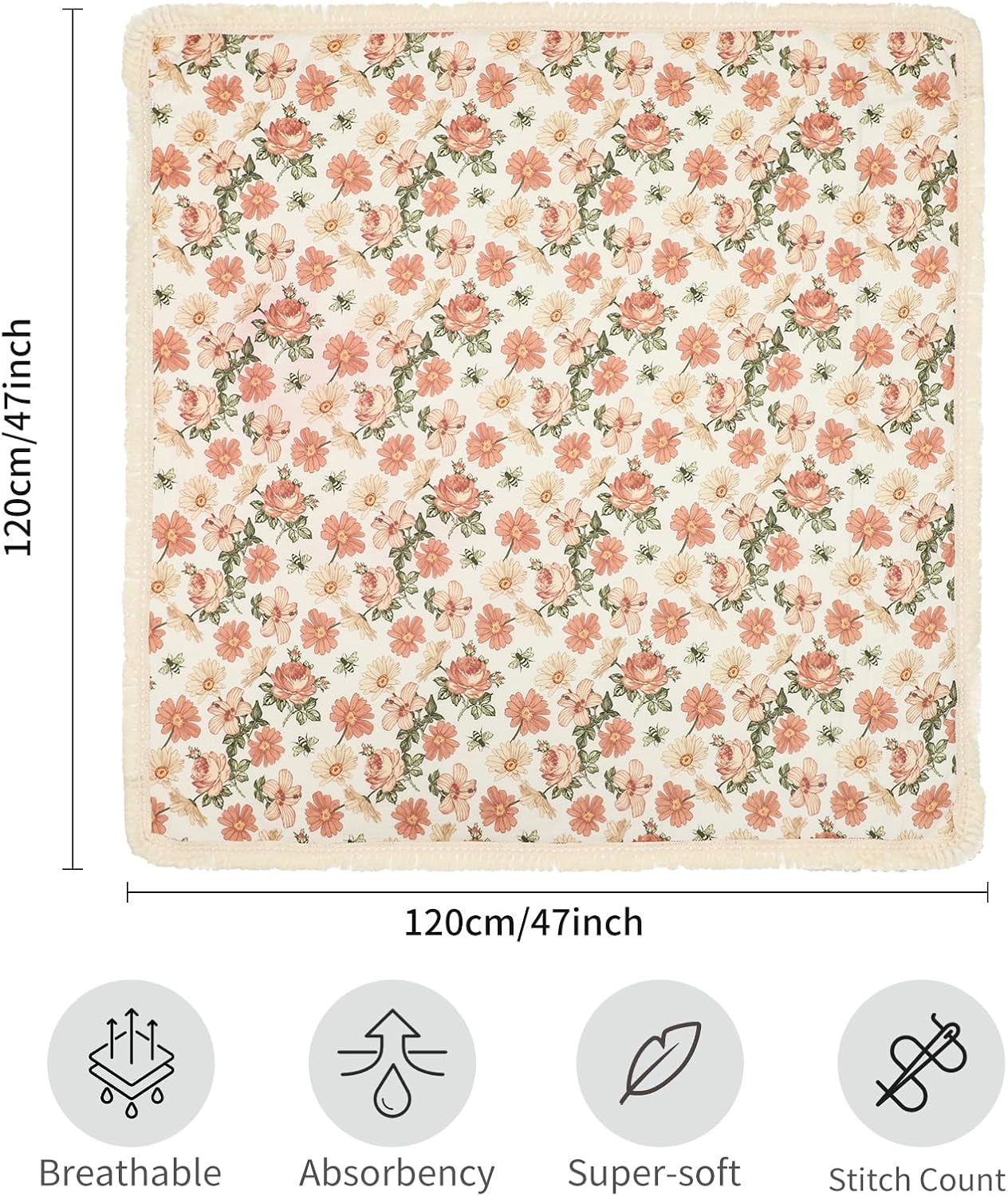 insular Cotton Muslin Baby Blanket with Tassel, Boho Bohemian Muslin Swaddle Blanket Baby Receiving Blanket with Fringe, Nursery Decor Throw or Nursing Blankets, 47″ x40”, Floral&Bee