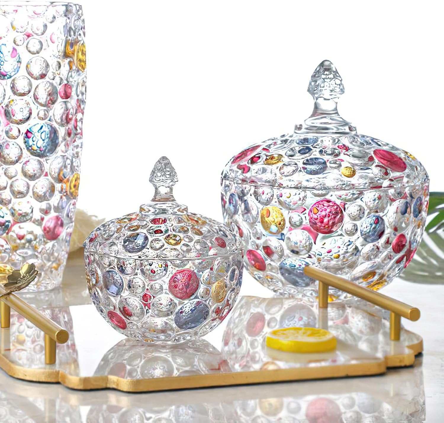 Colorful Glass Candy Jar, Elegant Hand Painted Candy Server Crystal Candy Bowl with Lid, Vintage Decorative Candy Dish, Nut Cookie Fruit Bowl Plate, Food Jewelry Box Storage Jar, Small