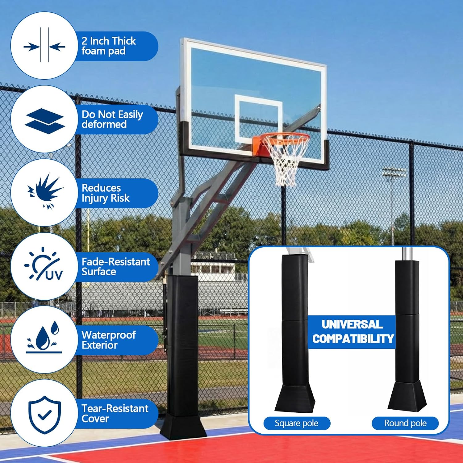 72" Tall Basketball Pole Pad Heavy Duty Pole Padding Fits 3" x 3", 3.5"x 3.5", 4" x 4" Round Size Poles, 2" Thick All Weather Pad, UV Resistant Waterproof Durable Protection Pads