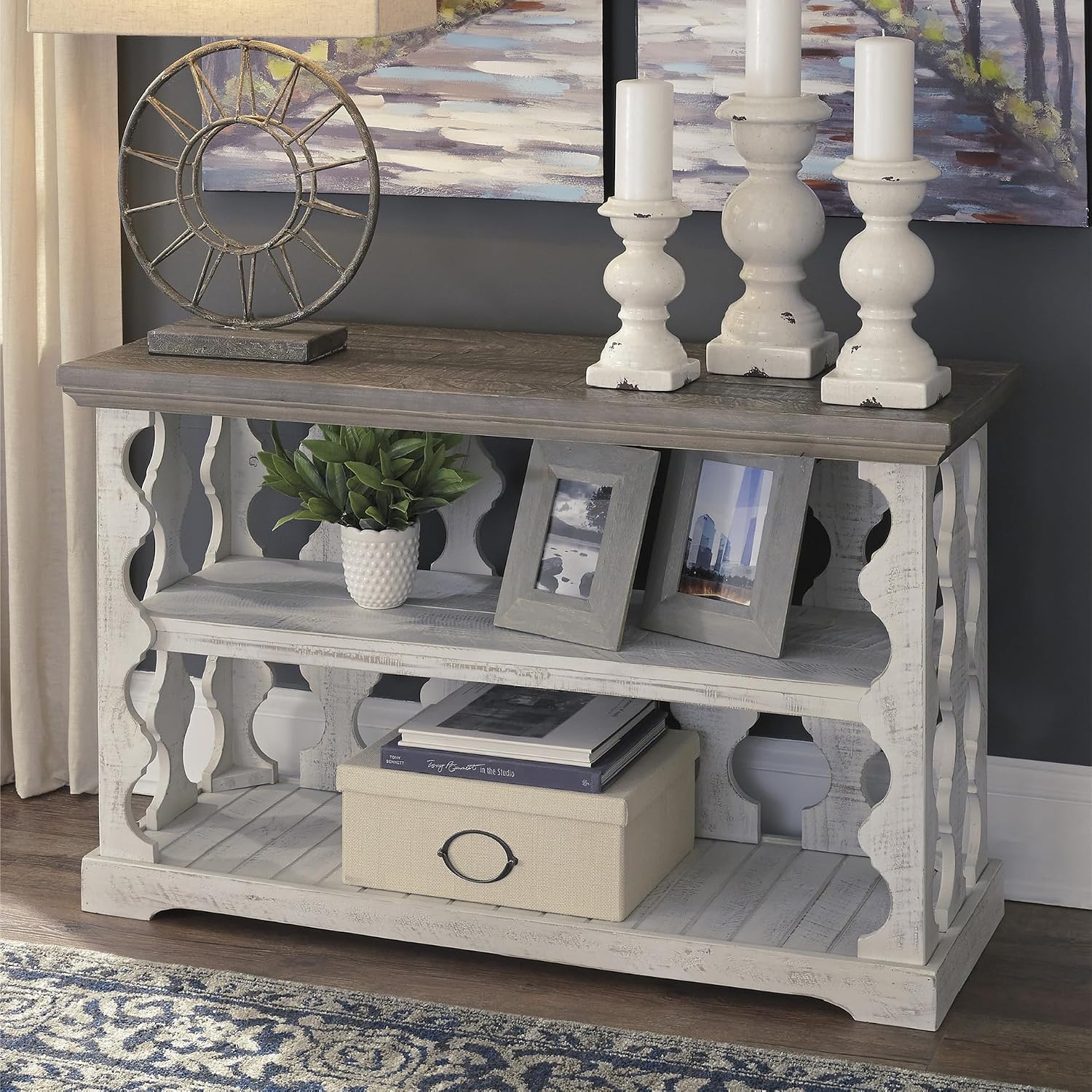 Signature Design by Ashley Sofa Console Table, Farmhouse, Gray/White | Distressed two-tone pine wood finish, 2-tier storage shelves, Versatile entryway or behind-couch display, Havalance Series
