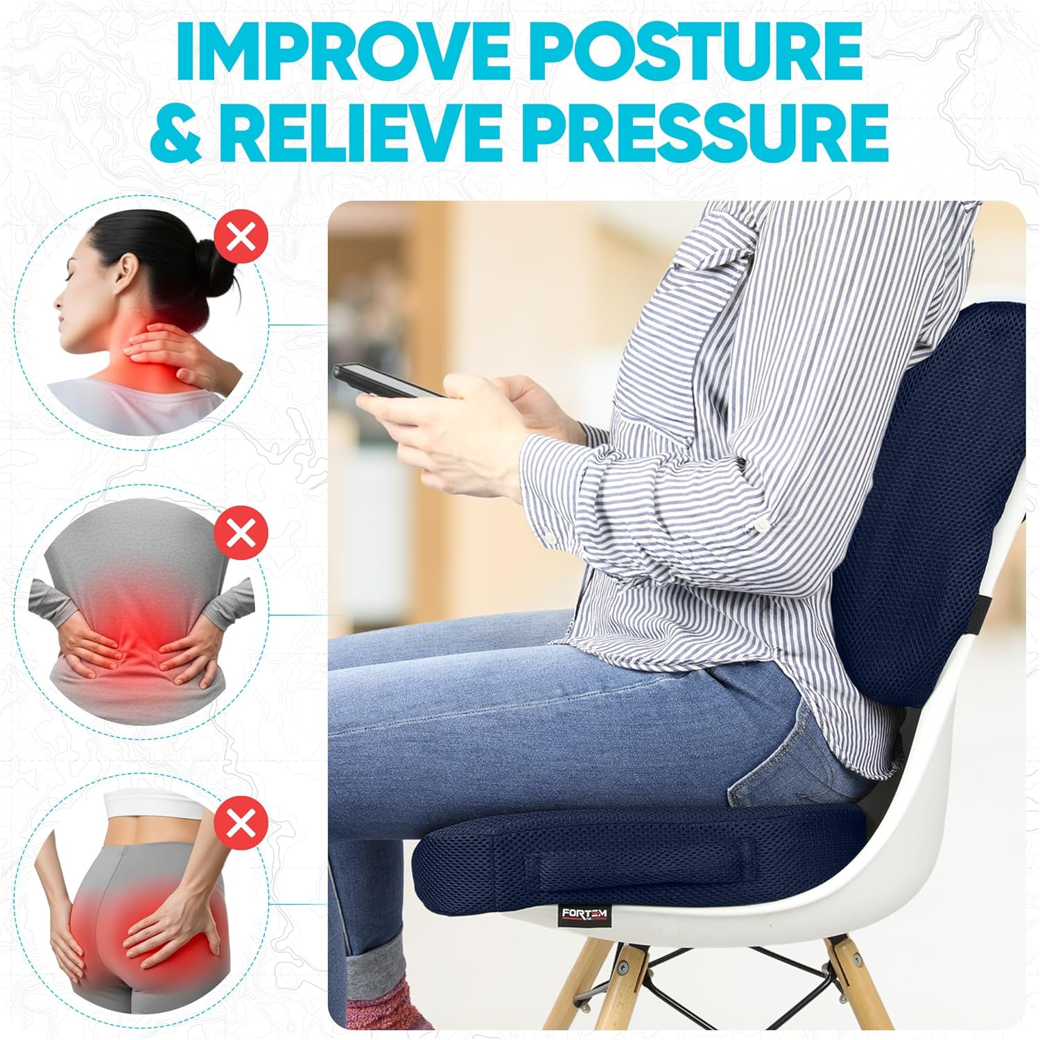 FORTEM Office Chair Cushion and Back Support for Office Chair, Lumbar Support Pillow, Memory Foam, Non Slip Sitting and Back Rest for Gaming, Car Seat Cushion, Chair Pad, XL