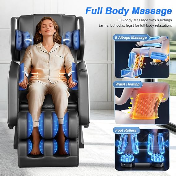 Massage Chair Full Body 14 Fixed Roller Zero Gravity 5 Auto Modes | Zero Gravity Massage Chair with 8 Airbags, Foot Massge, Heating, Phone Controller, Bluetooth Speaker, Nightlights for Home
