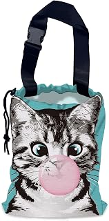Cute Cat Car Trash Bag,Kitten Blow Bubble Gum Hanging Drawstring Car Garbage Bag,Waterproof Canvas Car Back Seat Organizer with Adjustable Buckle,for Vehicles,SUVs,Camping,Road Trips