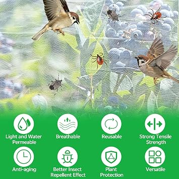 2PCS 2.4 * 2.4 m Large Fruit Tree Netting Bird Protection with Zipper and Drawstring, Reusable Garden Mesh Netting for Plants, Fine Garden Netting Mesh for Orchard, Terrace, Farm and Garden