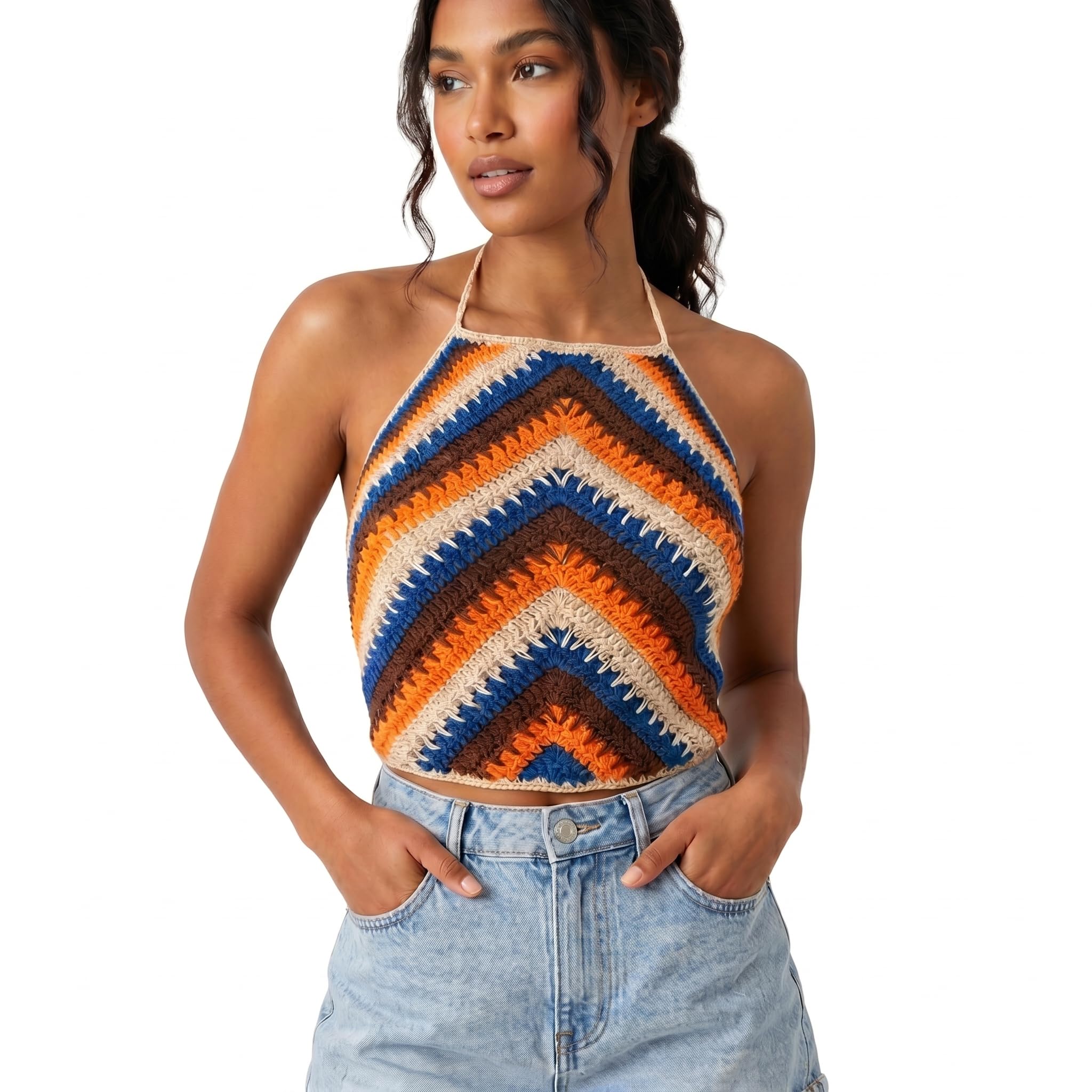 Top de Crochet Mujer Hecho a Mano, 100% Algodón, Top Halter Boho Verano, Blusa Tejida, Espalda Abierta con Cordones Ajustables, Ropa Bohemia Mujer