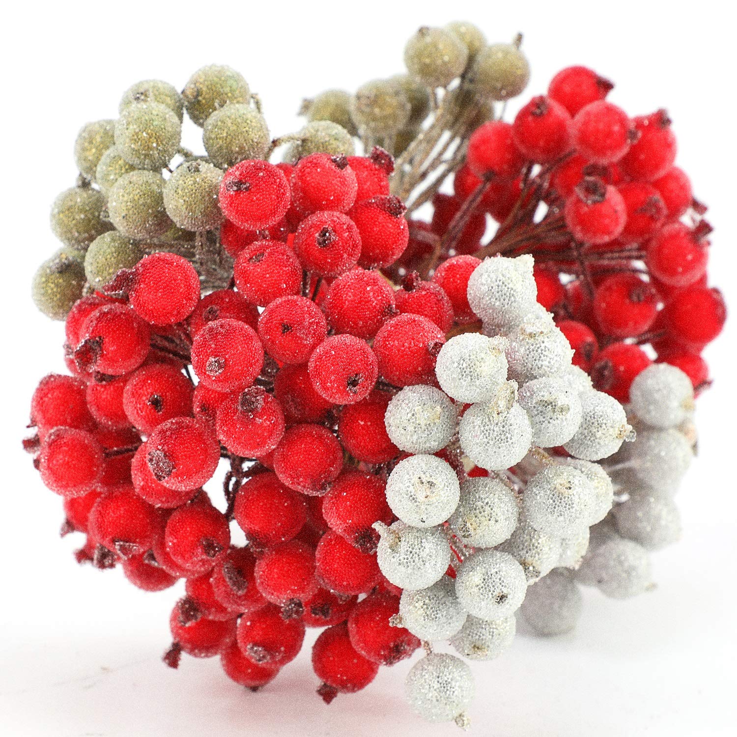 240 Baies Artificielles Givrées Pour Décoration Noël - 12 Mm, Rouge/Or/Argent - 6 Grappes Avec Fil