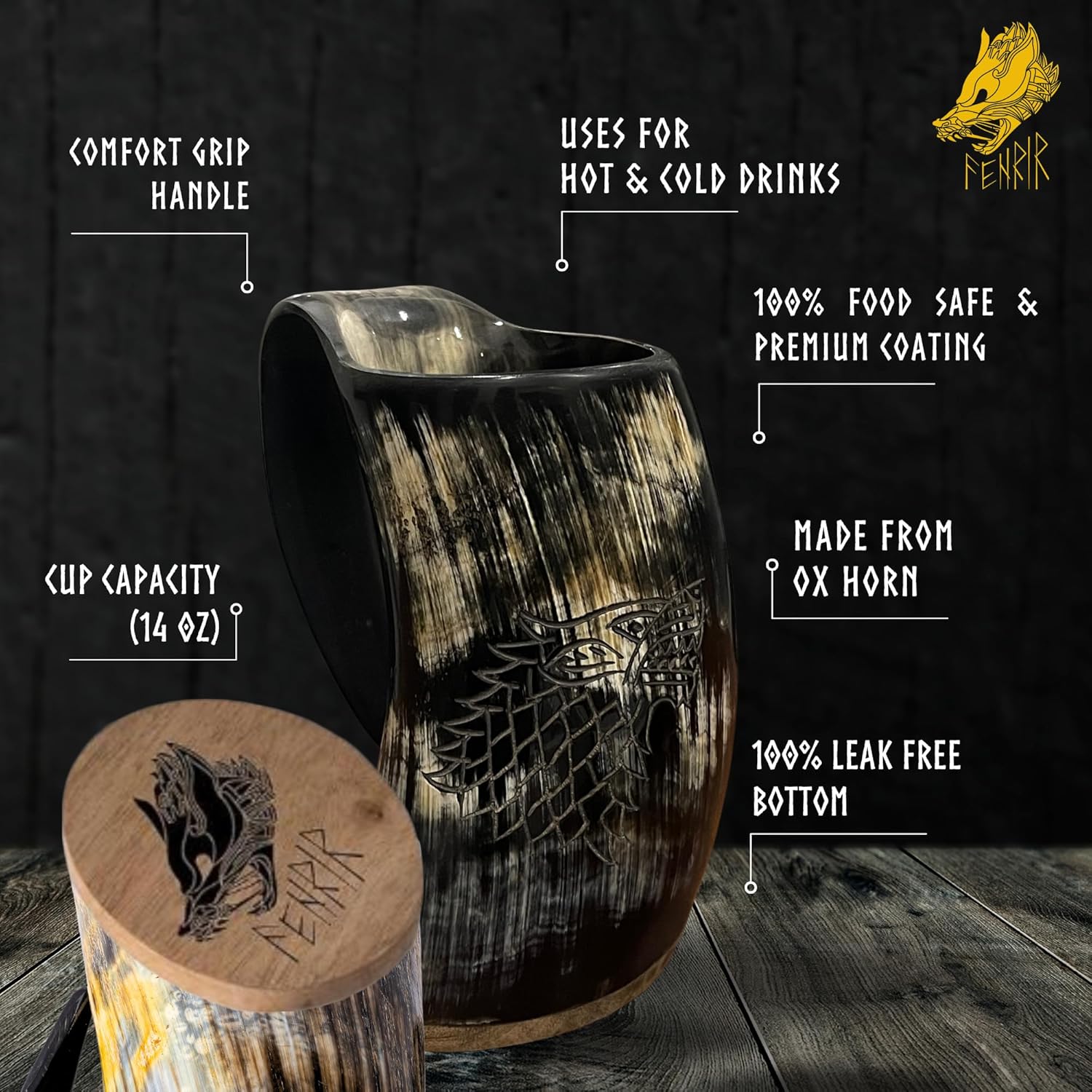 FENRIR Viking Drinking Horn Coffee Mug & Spoon With Plate | Norse Real Ox Horn| Food Grade Medieval | Hot and Cold Beverages Tea, Beer, Ale, Mead, Whiskey | 14-16 oz Wolf Handmade Engraved