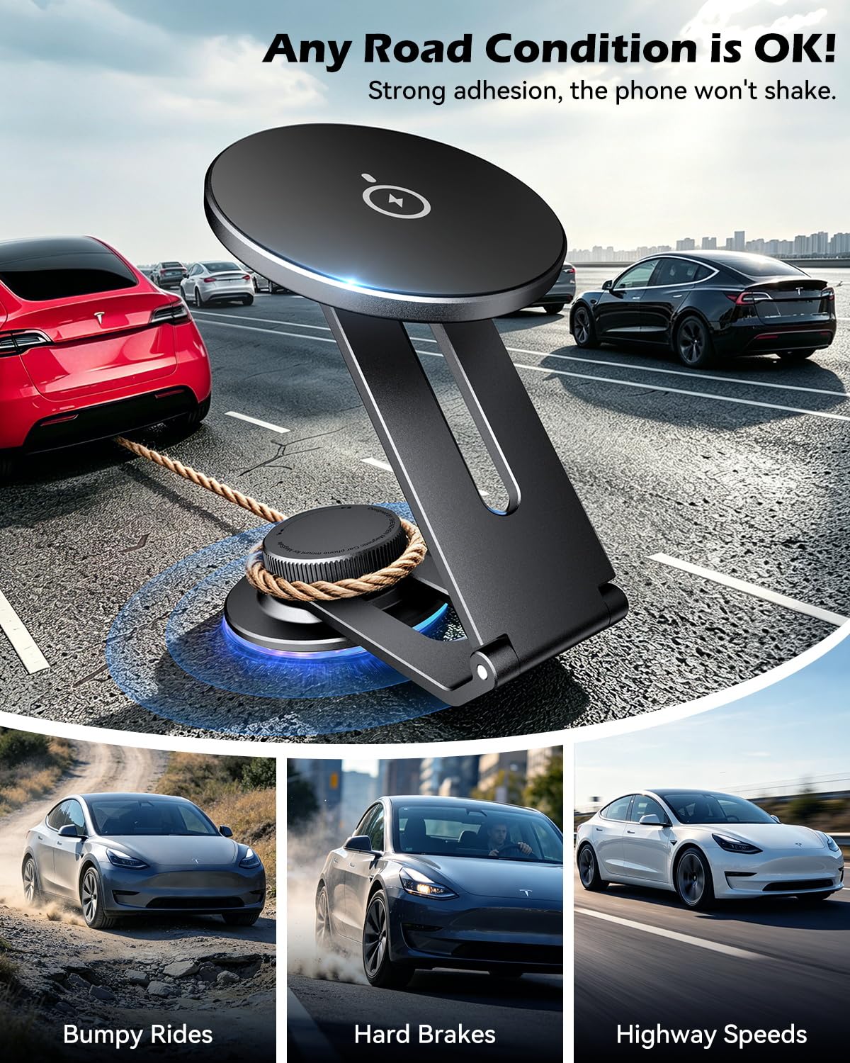 CloudValley Supporto per telefono 15W con ricarica integrata per Tesla Model 3/Y/Juniper/Cybertruck, supporto magnetico metallico auto ruotabile a 360°, design pieghevole ed estensibile a scomparsa