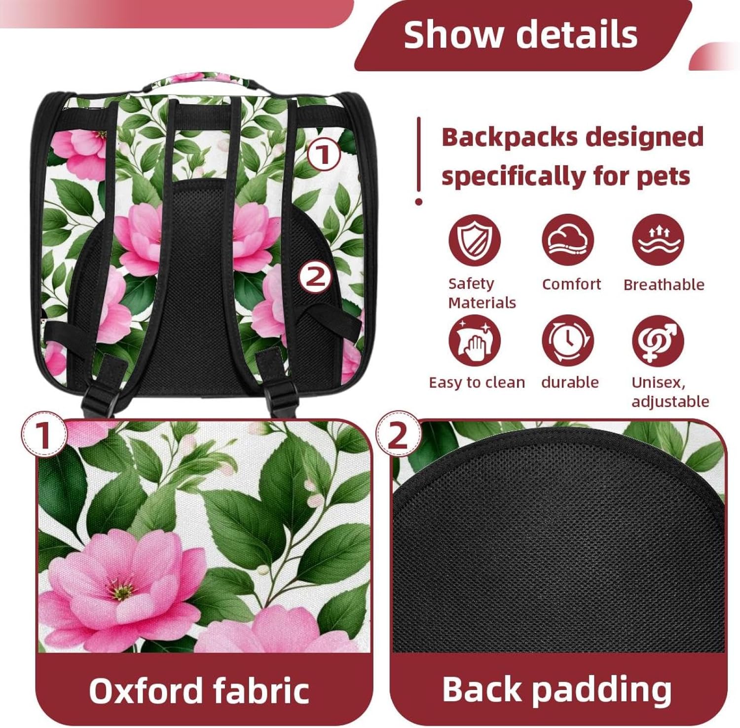 Pink Flowers with Leaves Pet Carrier Airline Approved Soft Sided Portable Cozy Travel Pet Bag, Car Seat Safe Carrier for Cats and Dogs
