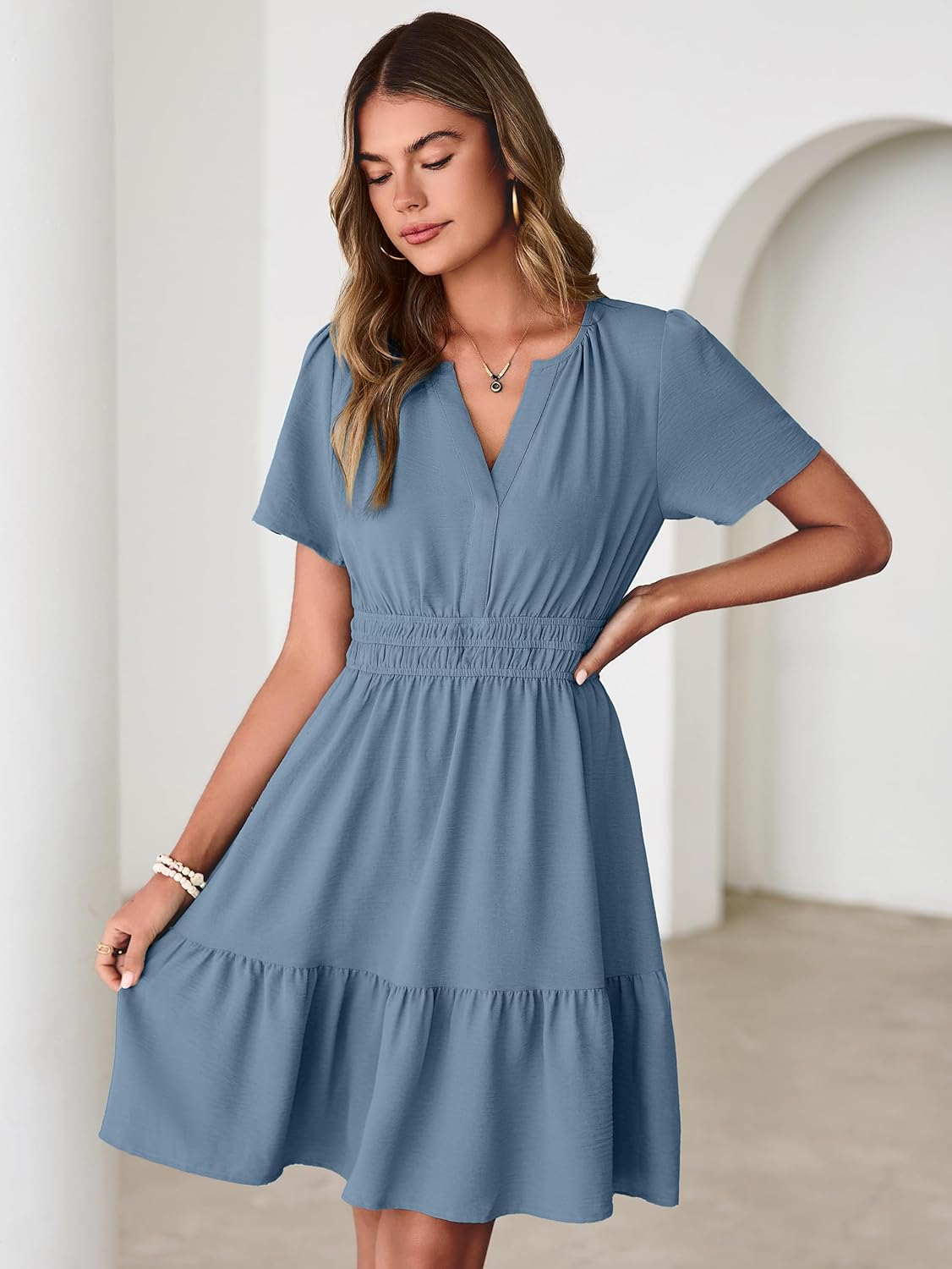 Simplee Womens Casual Summer Dresses 2026 V Neck Short Sleeve Empire Waist Flowy A Line Ruffle Tiered Mini Sundress - Image 3