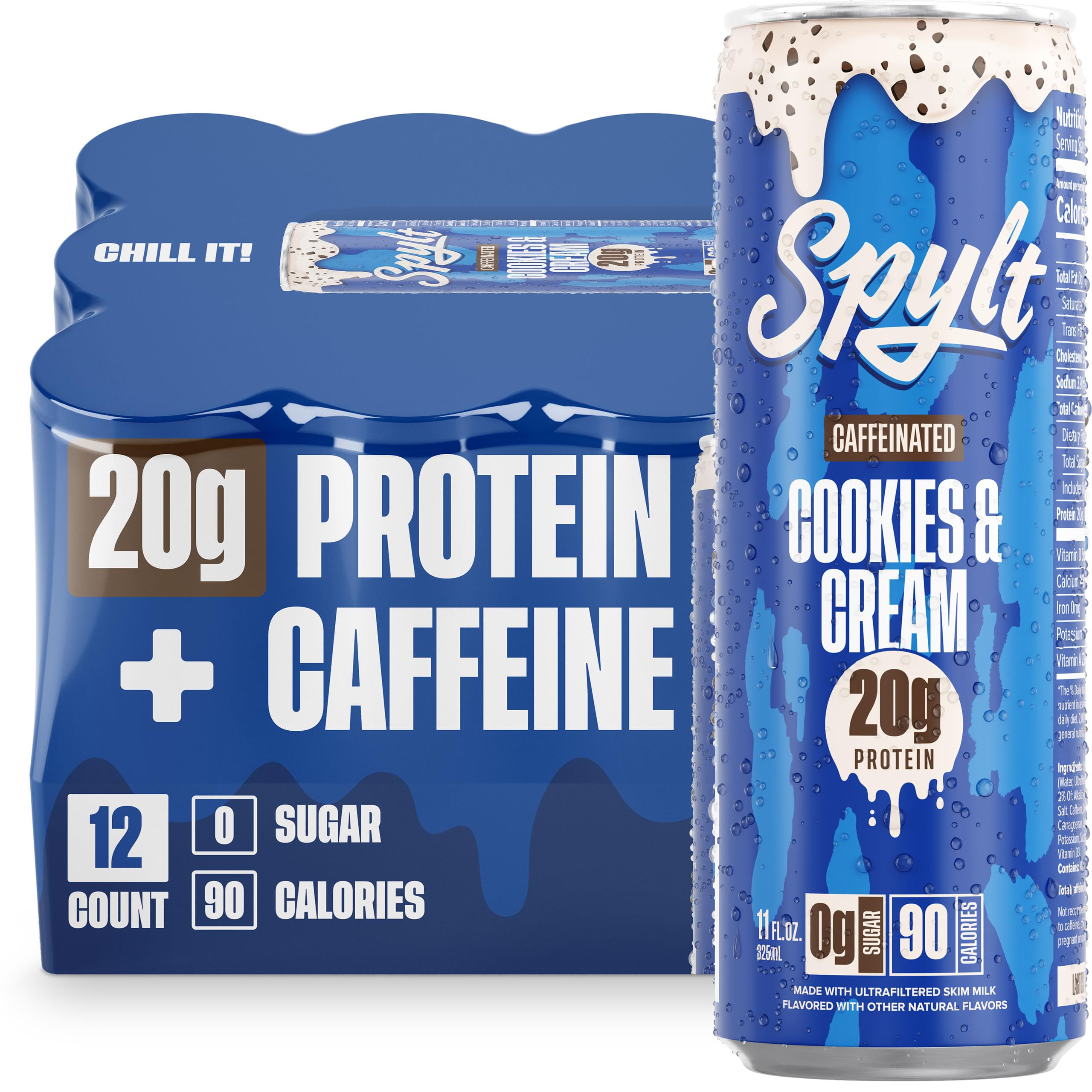 High Protein Cookies & Cream Milk with 60mg Caffeine & 20g Protein - 90 Calories, Ready to Drink, Sugar Free, Lactose Free Milk, Perfect for Workout Recovery & Afternoon Pick Me Up - 12 Count
