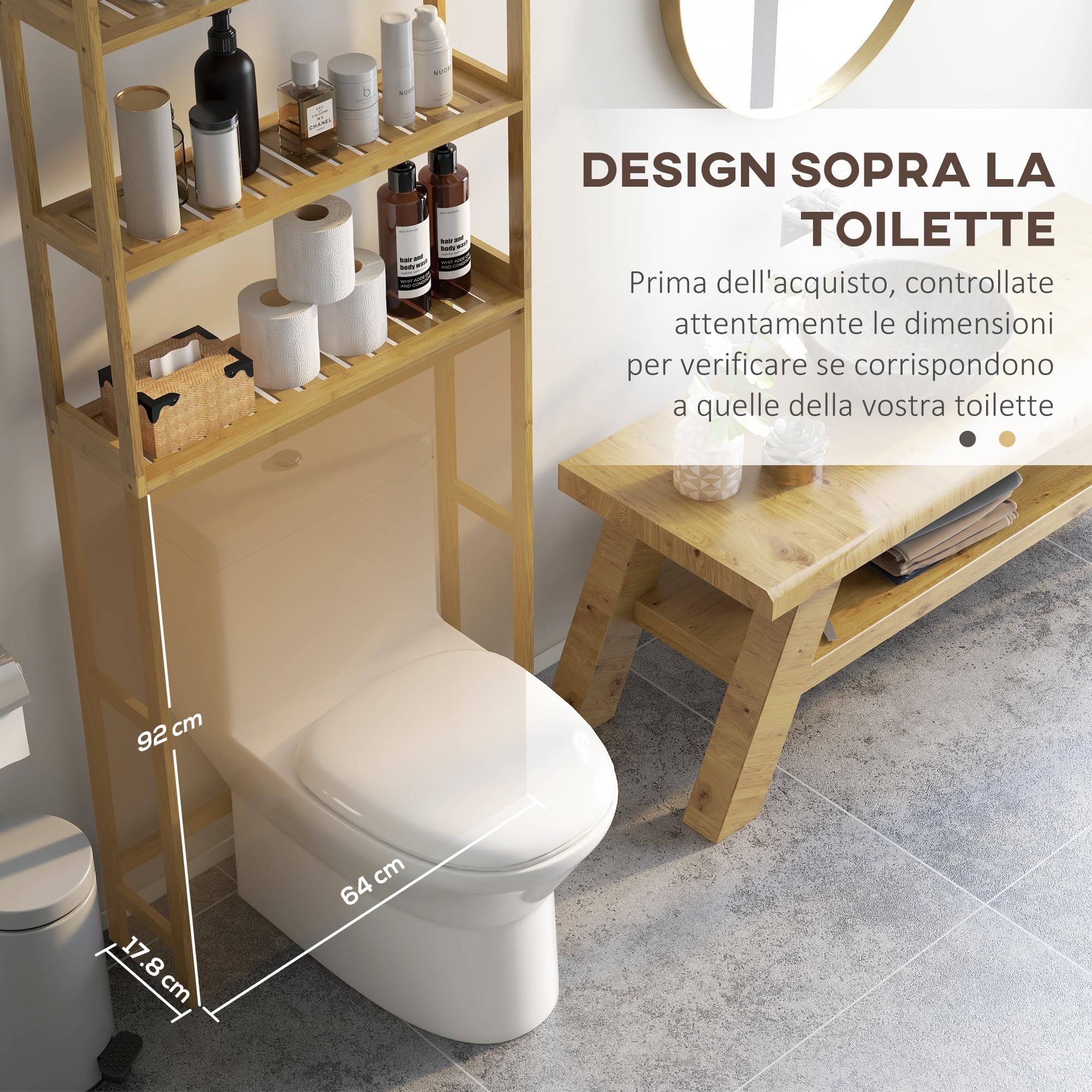 kleankin Mobile Sopra WC a 3 Ripiani Aperti a Doghe, Mobile Bagno Salvaspazio in Bambù, 68x20x165 cm, Color Bambù