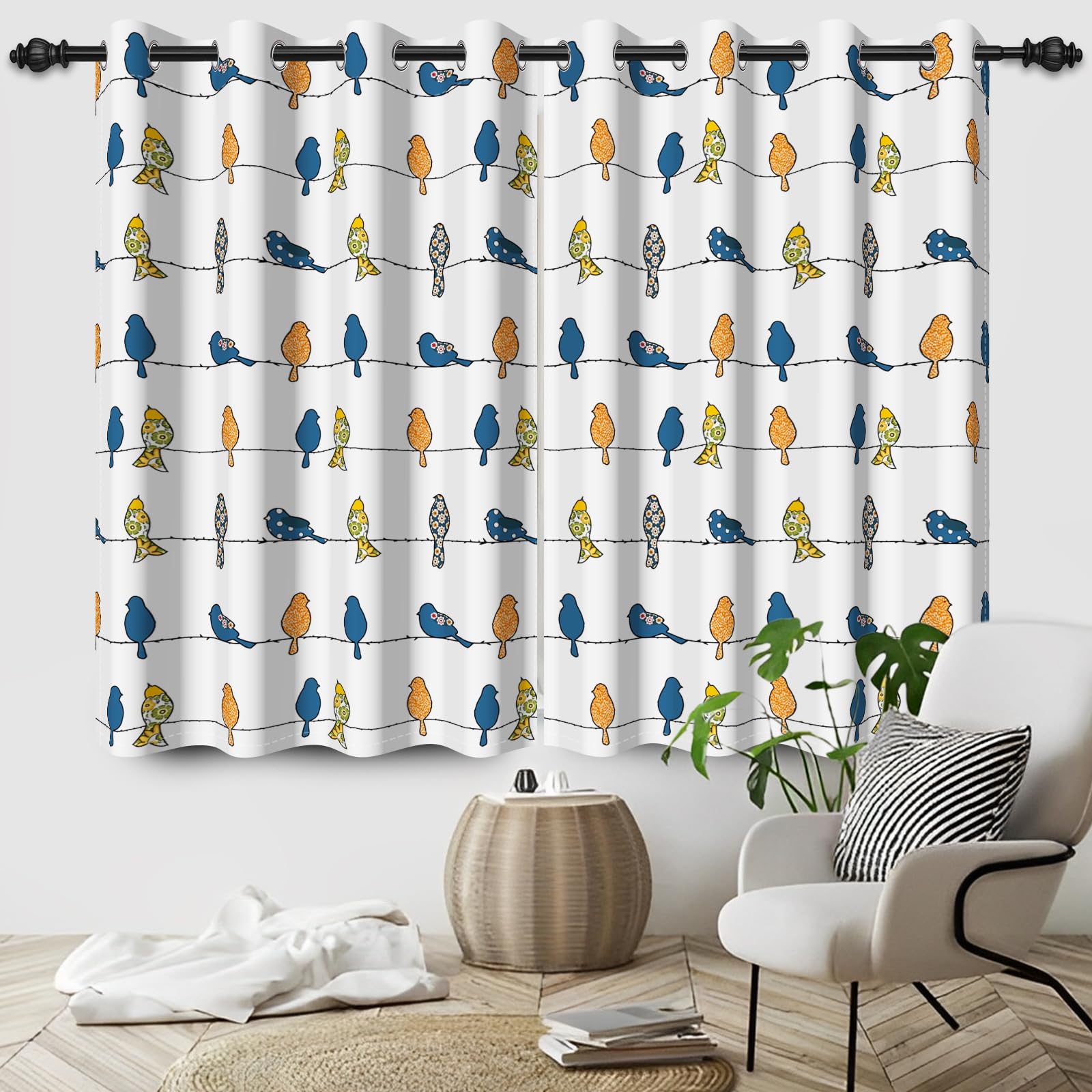 Kzzfqxb Cartoon Colourful Birds Blackout Curtains for Kids Bedroom Hand Painted Art Birds Animals Light Blocking Living Room Decor Drapes with Grommets,2 Panels,Each W42 xL85