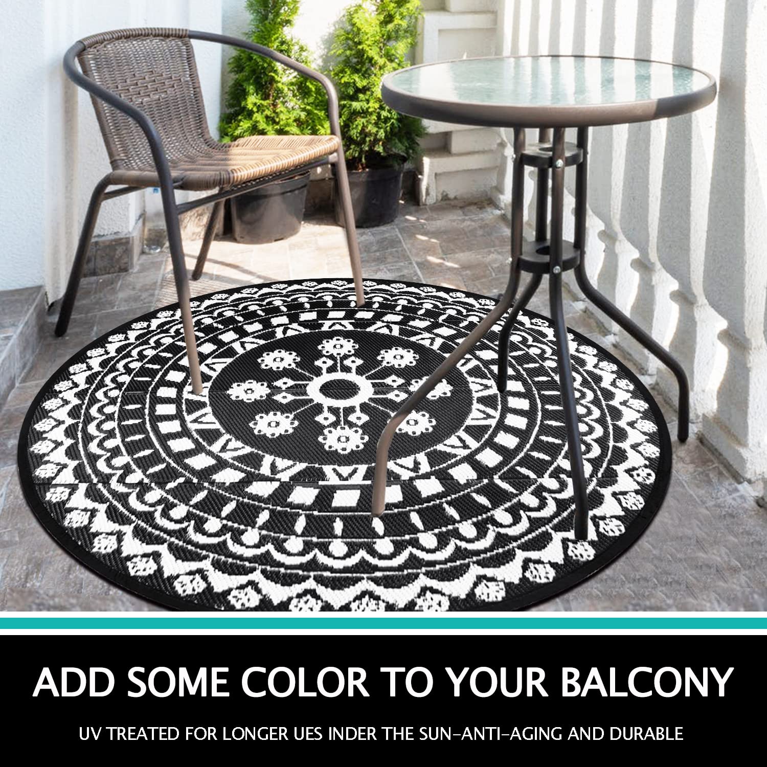 Capslpad Round Outdoor Rug for Patio ø150cm Reversible Mat Waterproof Plastic Straw Rug Boho Round Indoor Outdoor Area Carpet for RV,Backyard,Balcony,Deck,Tent,Picnic,Beach,Camping,w/Carry Bag - Image 4