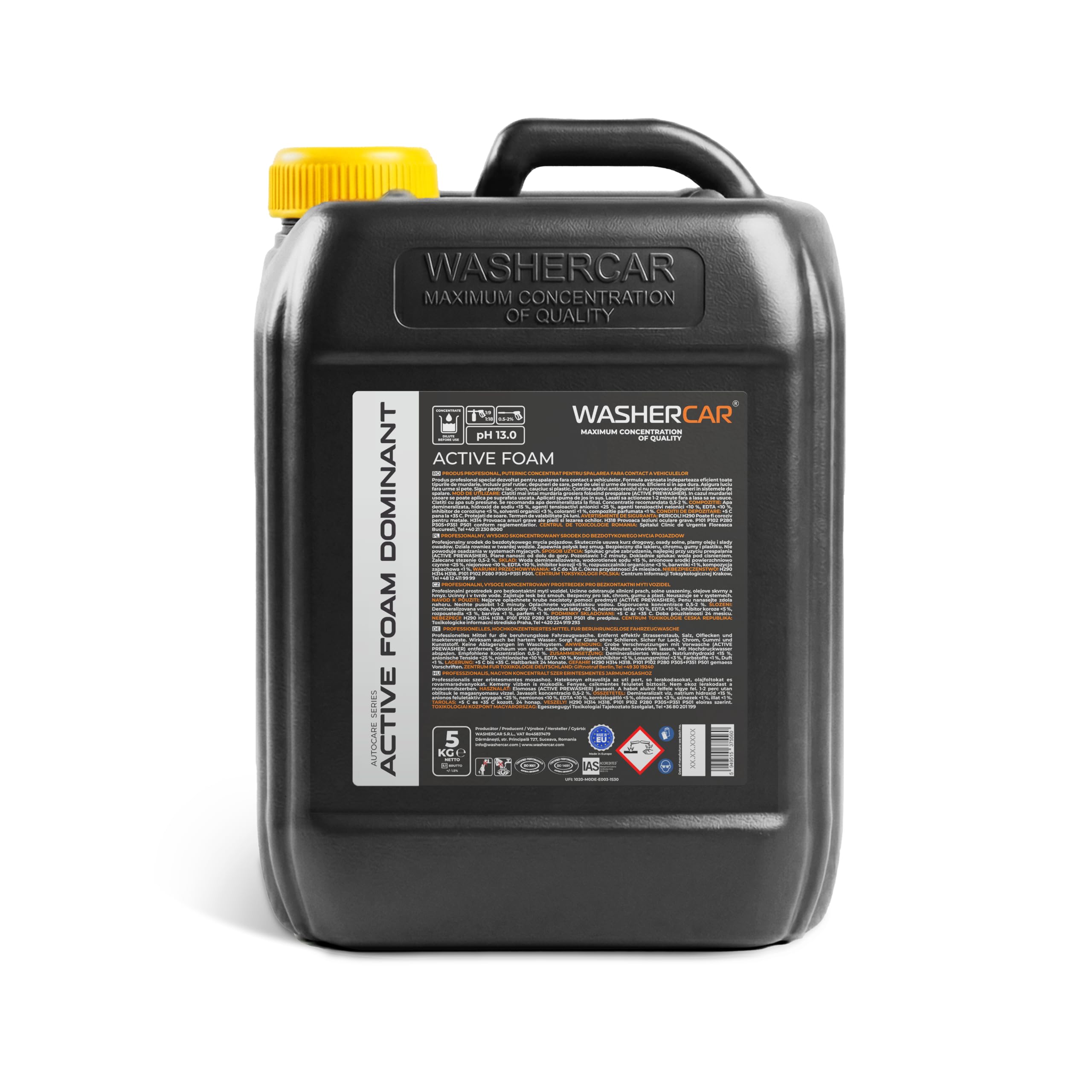 WasherCar Active Foam Dominant 5KG–pH 13,0 Powerschaum Konzentrat | Schaumlanze & Hochdruckreiniger | Alkalischer Vorreiniger | Entfernt Schmutz, Salz & Insekten | Berührungslose Vorwäsche | 1:18=95L